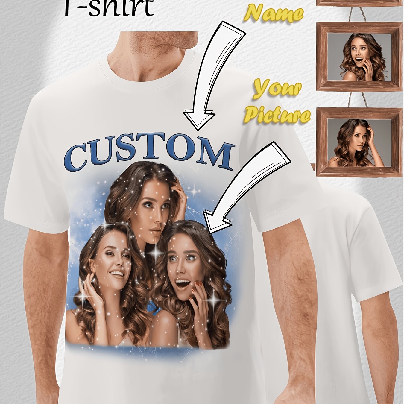 TEMU [Comodidad Diaria] Camiseta Personalizada para Hombre con Estampado - y Foto Personalizados, Camiseta Casual de Cuello , Adecuada para Todas las