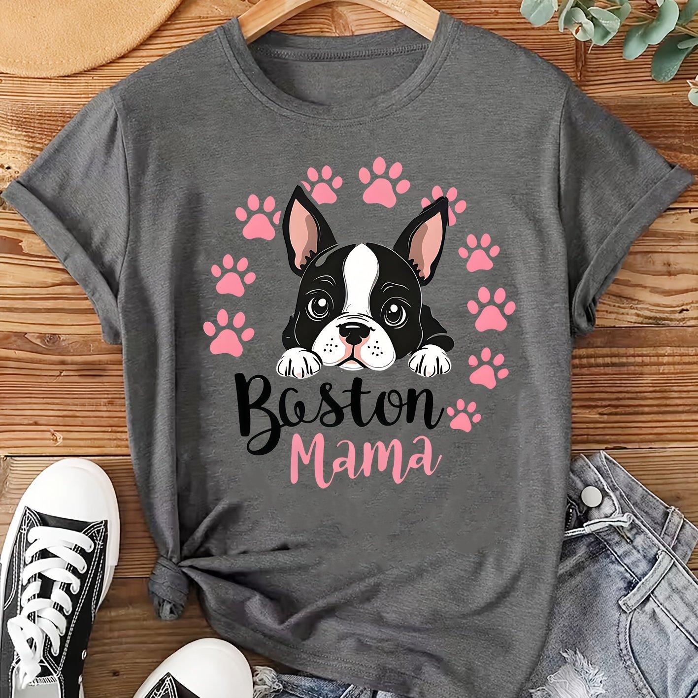 TEMU Elegant Ladies' Short Sleeve T-shirt | Comfortable, Soft, Breathable, Casual Crew Neck With Boston Terrier Print, Drawing Pattern, Sizes S-xxl