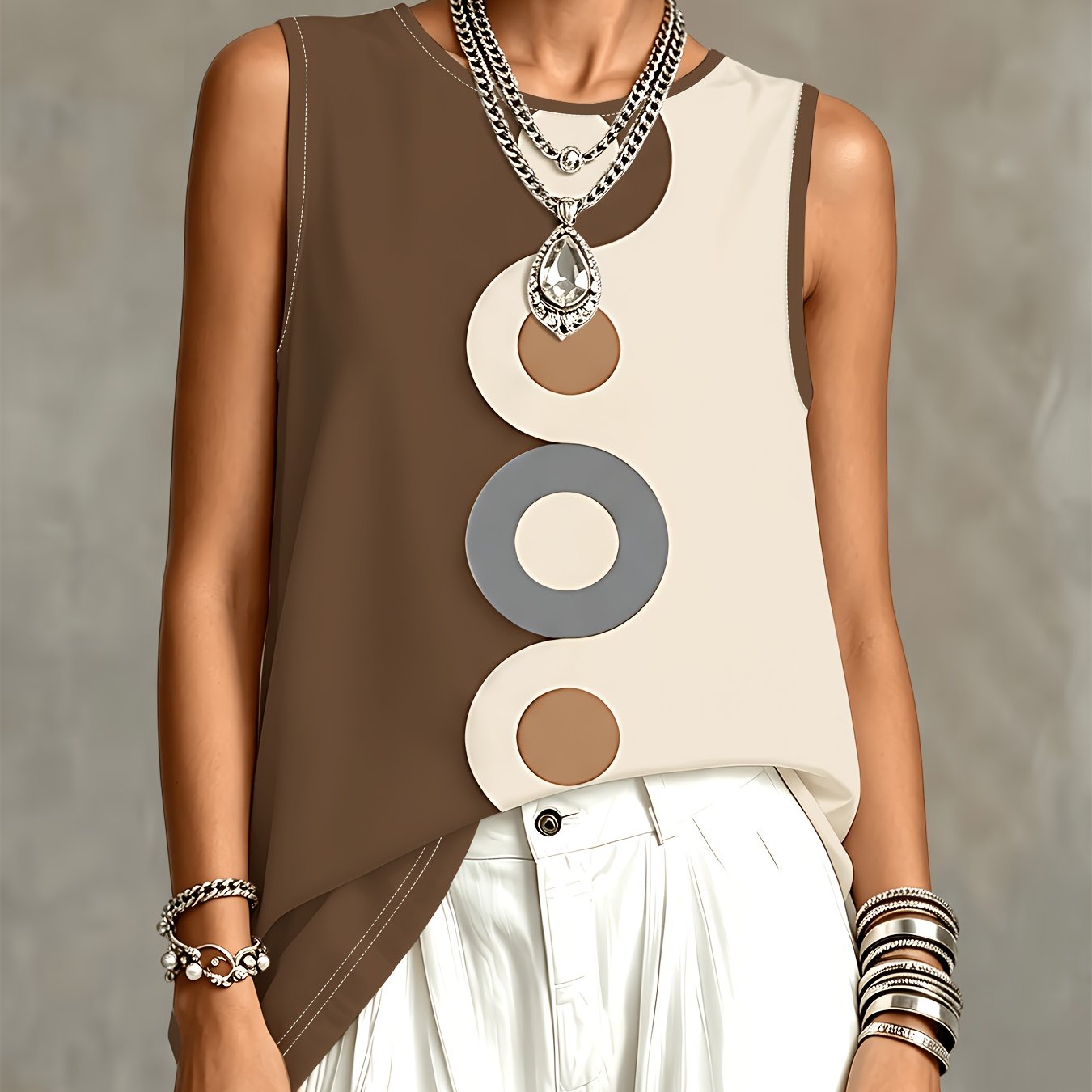 TEMU Brown- Contrast With Geometric Print Women's Summer Sleeveless Top, Simple Round Neck Vest