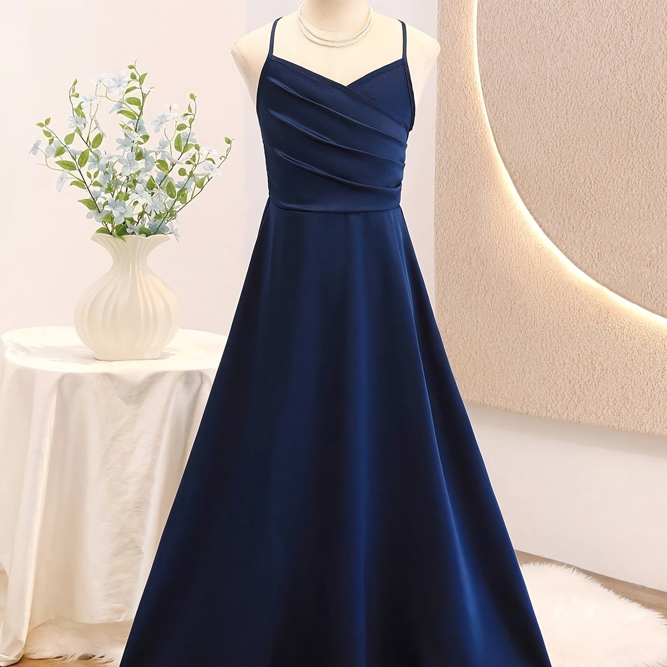 Image of Girls' High-end And Ethereal Navy Blue Wrap-front Cross-back Spaghetti Strap Gown Dress For Birthday Banquets And Important Occasions