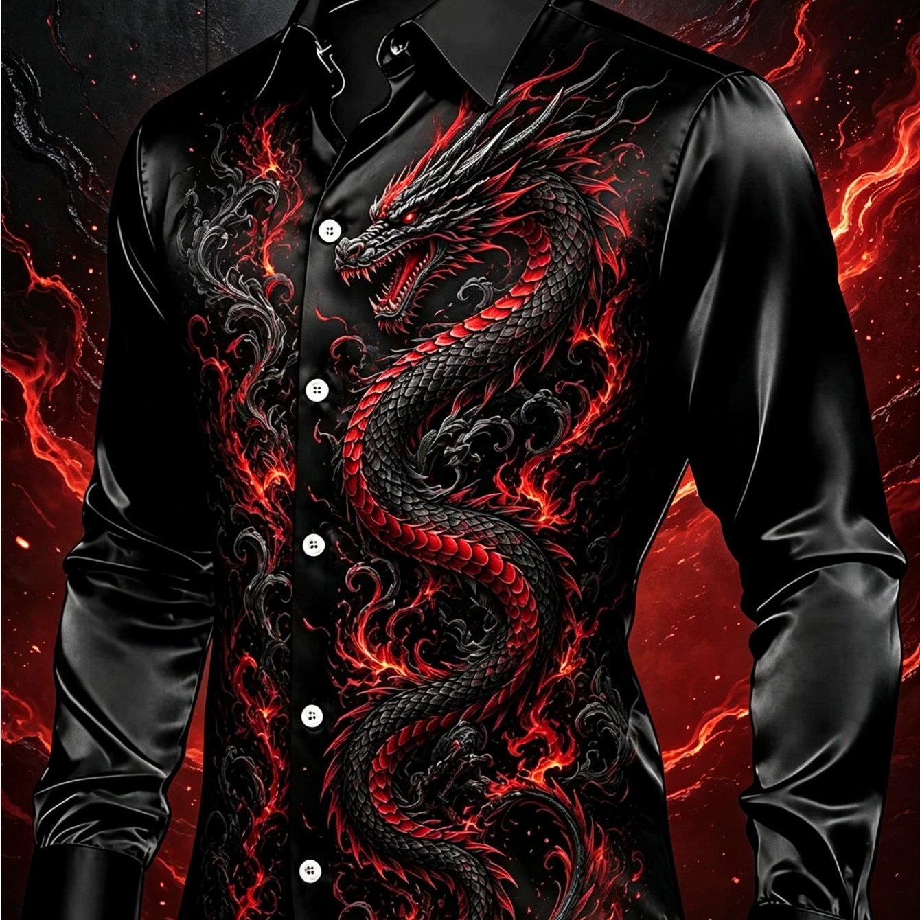 Men' Long Sleeve Button- Shirt, Gothic Fire Chinese Dragon Print Lapel Collar Slim Fit Dress Shirt, Fashion Streetwear Casual Blouse For Fall Outdoor Wear