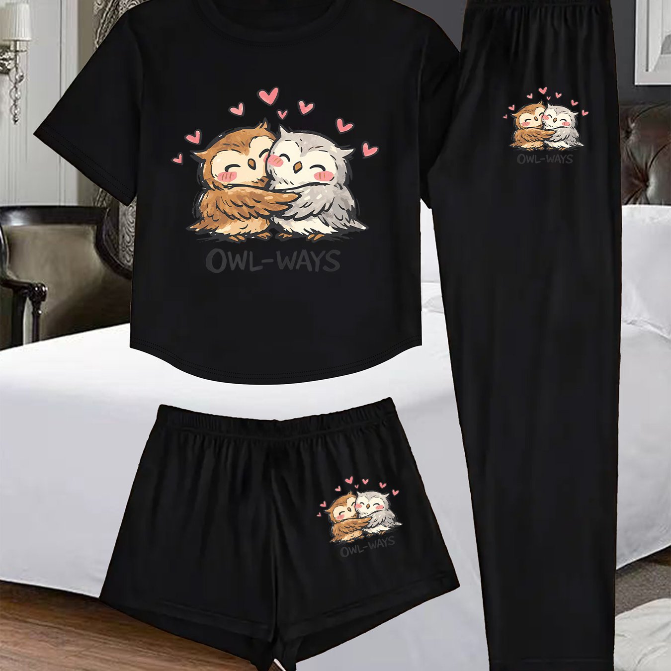 TEMU (1002# 3pcs Set) Women's Homewear 3pcs Set With Cute Owl Print, Comfortable Loungewear And Casual Set