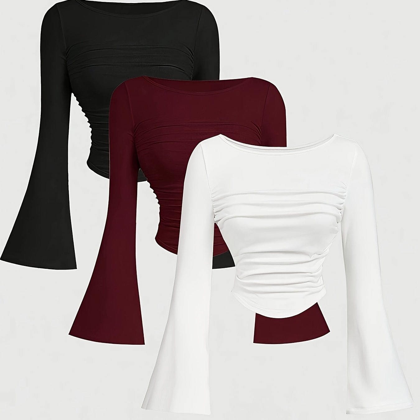 TEMU 3pcs Set Boat Neck Trumpet Sleeve Drawstring Casual T-shirt, Suitable For Autumn Season, Trumpet Sleeve Top
