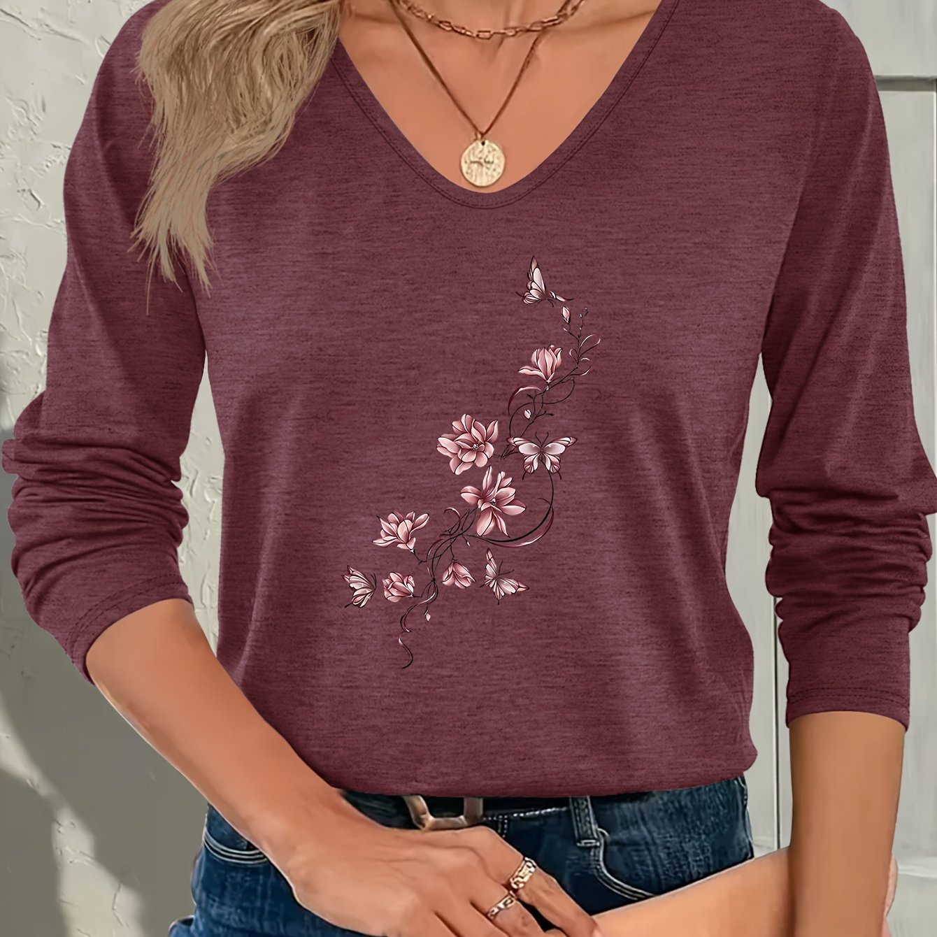 TEMU Printed Women's Round Neck Long Sleeved T-shirt - A Comfortable V-neck Casual Top Suitable For , Machine Washable, . V-neck Design, Smooth