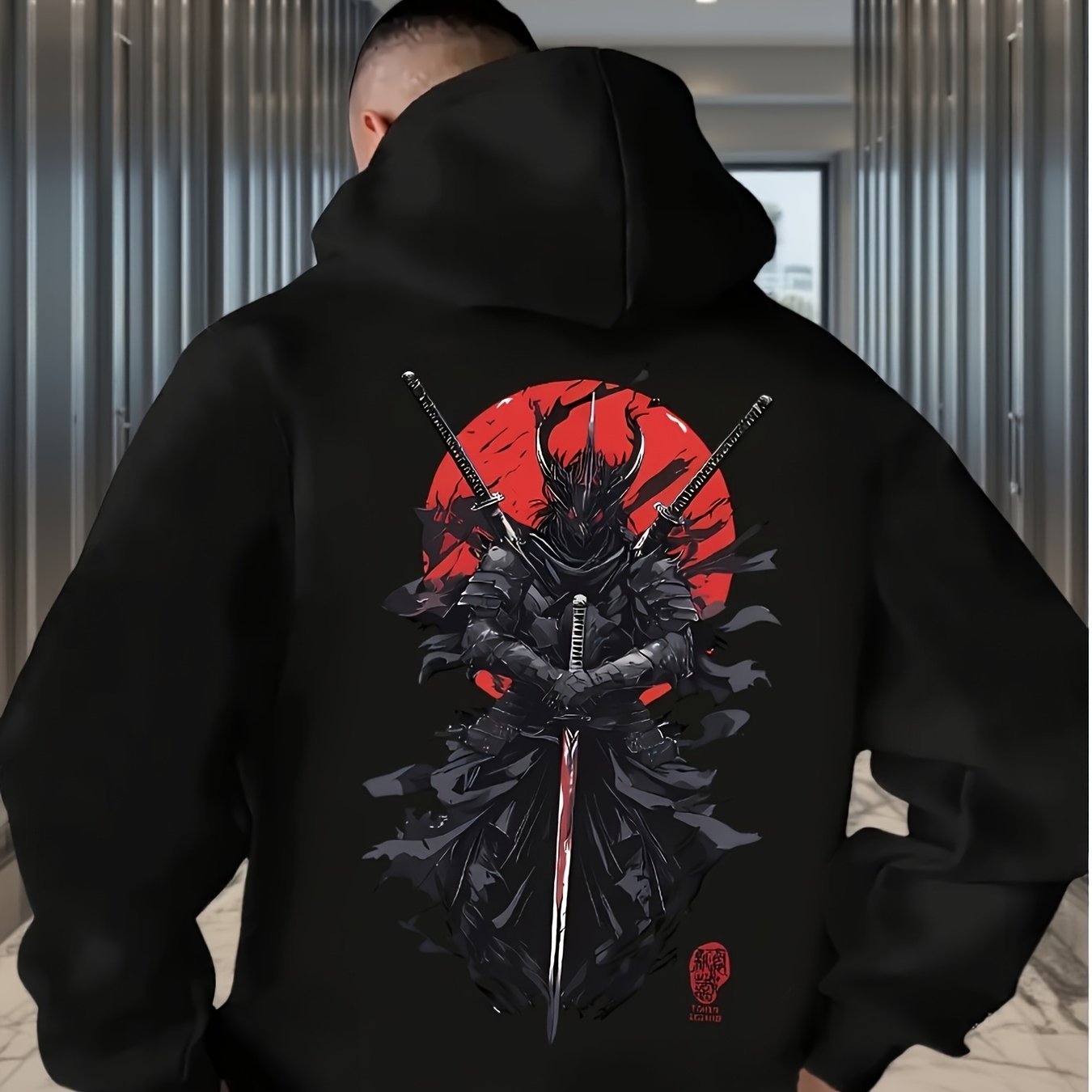 Image of A Design Of A Demon Warrior Holding Swords Against A Red Sun Theme Men's Hoodie High Quality Thick Premium Hoodie For Autumn And Winter Wear For Casual Outfits And Gifts For Who Love Art