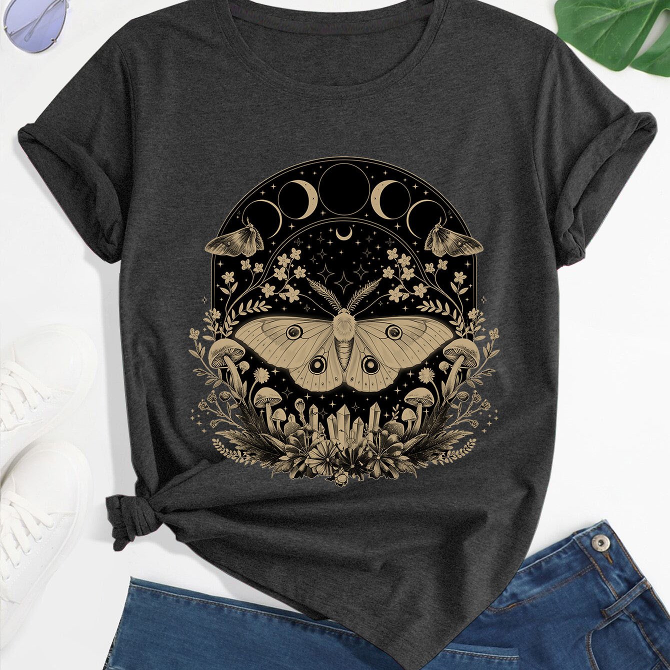 TEMU Cute Fairycore Moth Therian Aesthetic Floral Print T-shirt, Short Sleeve Crew Neck Casual Top For Summer & Spring, Women's Clothing