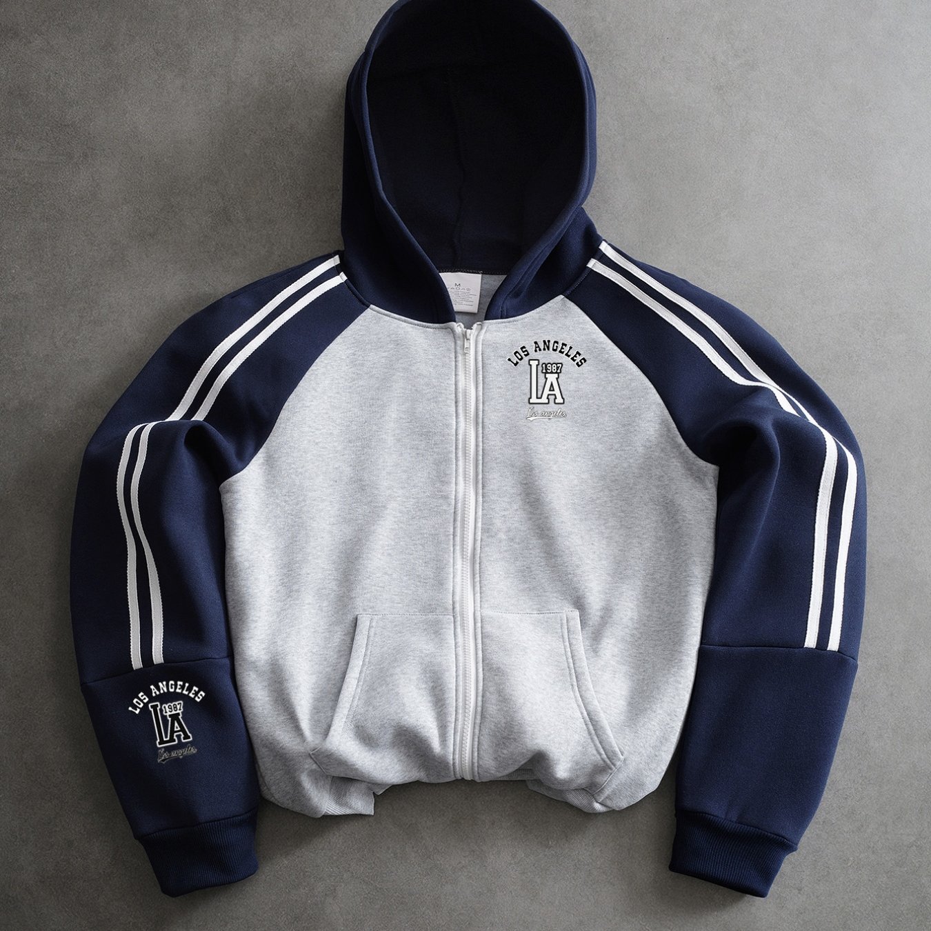 TEMU Preppy Style Long Sleeve Hoodie, Chest And Cuff La Double Layer Vintage Print Zippered Hooded Top