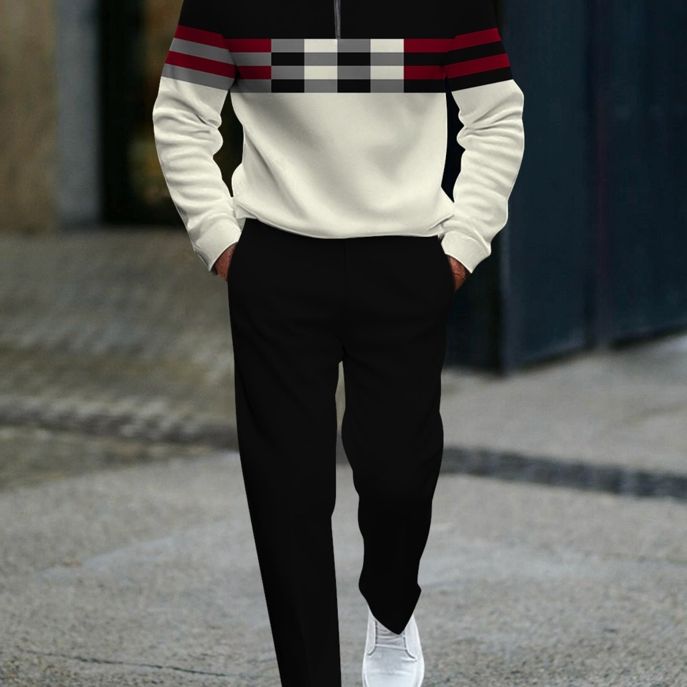 Image of Half Zip Men's Fashion Fall Winter Street Style Casual Trendy Tracksuit With Black Gray Stripe Pattern Men's 2pcs Outfits For Adults Men Casual Wear Sportswear