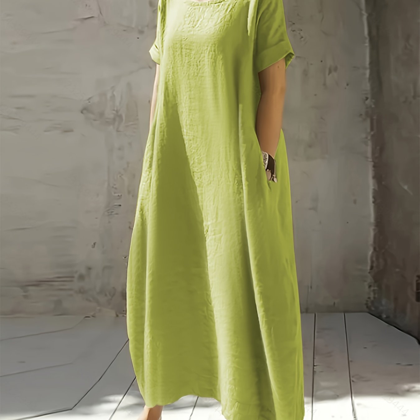 Women's Summer Neck Short Sleeve Loose Dress Elegant Solid Color Pocket Midi Casual Skirt