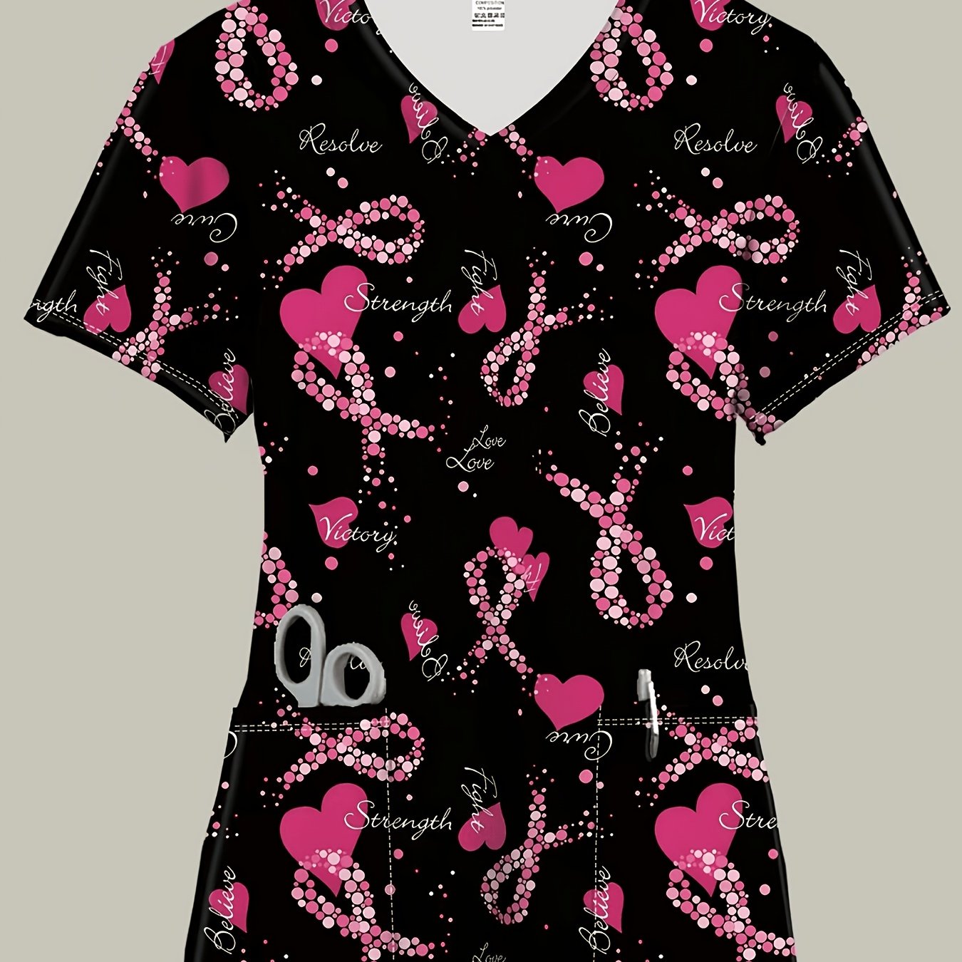 TEMU Plus Size, Plus Size Women's Nurse Uniform, Beautiful Polka Dot Scrub Top For Women, V-neck With Pockets, Comfortable Polyester Fabric, Suitable