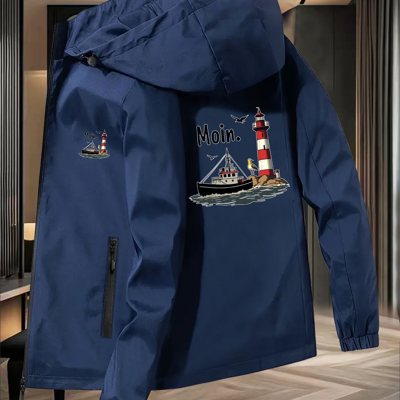 E-shop Neue Unisex-Windjacke, - Fischerboot-Aufdruck, winddichte atmungsaktive Outdoor-Bergsteigerbekleidung für Paare, geeignet für Outdoor-Bekleidung