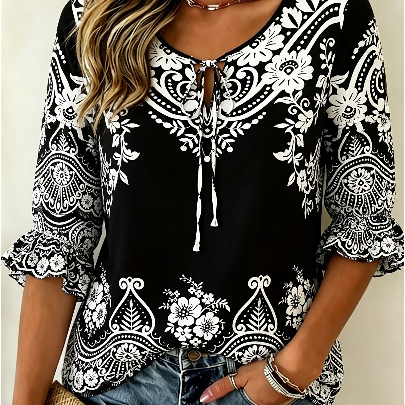 Image of Plus Size - Vintage White Paisley Floral Surround Printed Tie 3/4 Ruffle Sleeve Plus Size Women Blouse Boho Casual Loose Versatile Ideal Gift