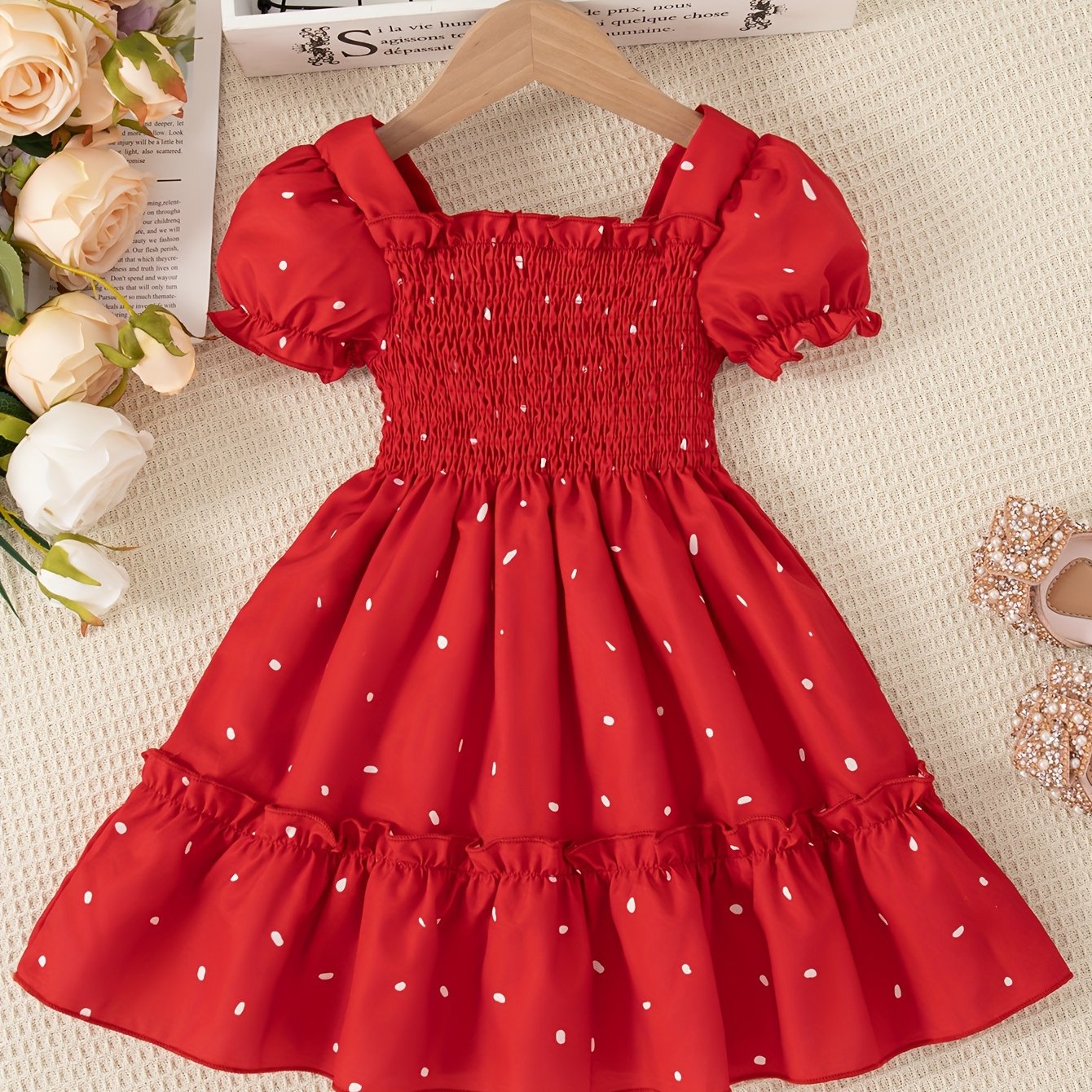 Image of Summer Daily Casual Outing Neckline Lace Collar Lantern Sleeve Design Regular Fit Tie-dye Craft Girls' Casual Dress