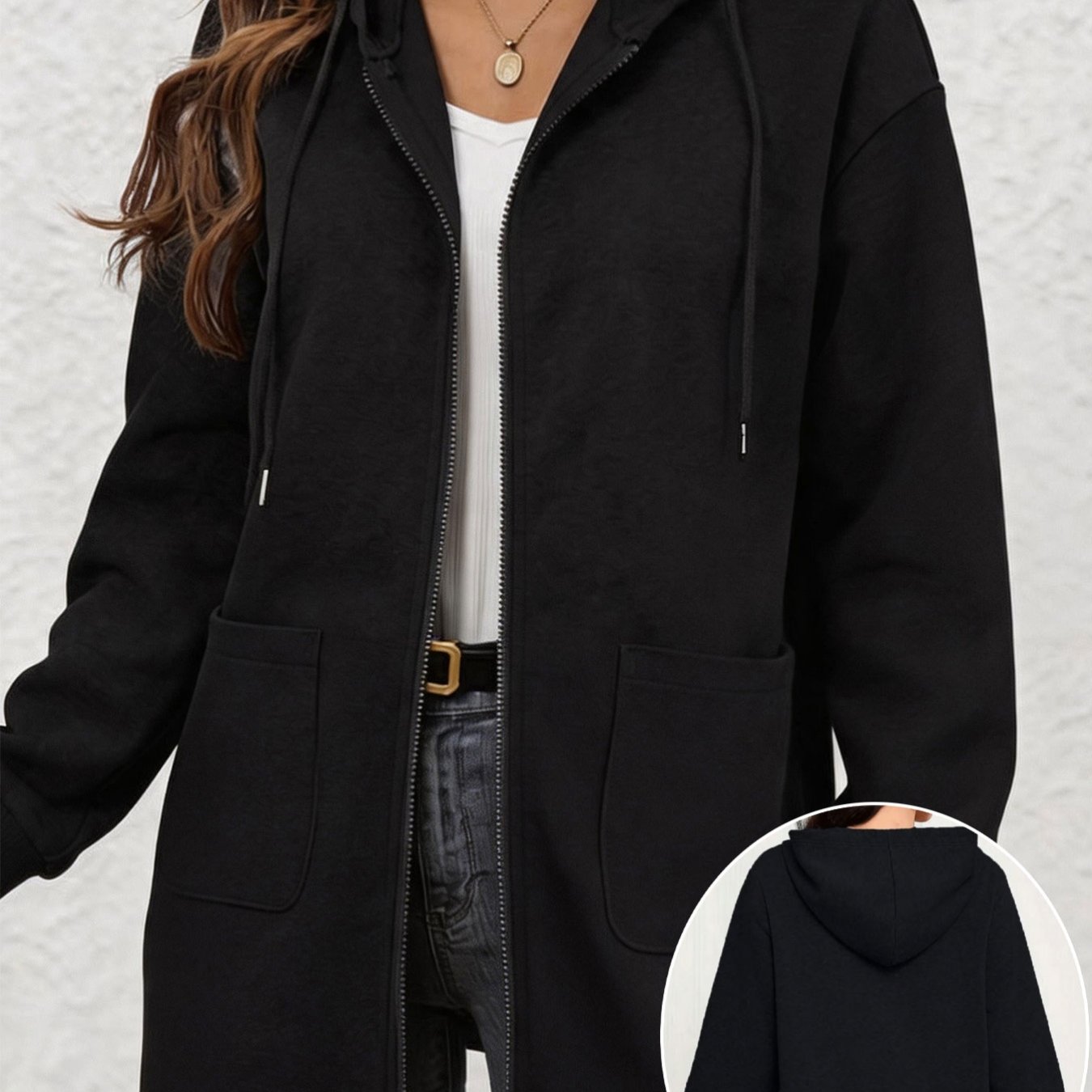 TEMU 1pc Fashionable Women's Winter Elegant Mid-length Sweatshirt Jacket, Versatile Casual Hooded Outerwear With Comfortable Body-hugging Design,