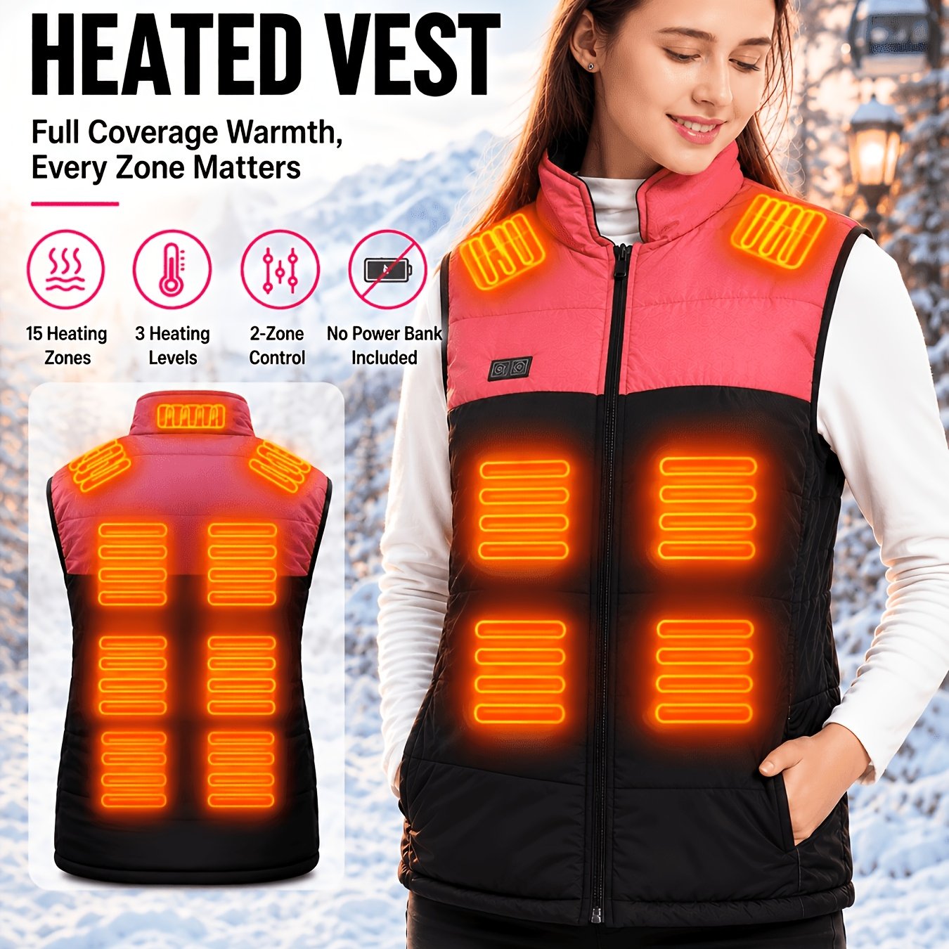 Image of Black Or Heating Vest, 15 Heating Zones, 2 Control Button And 3 Heating Levels With Usb Power Cable Vest Style Suitable For Autumn And Winter Outdoor Activities (power Bank Not Included)