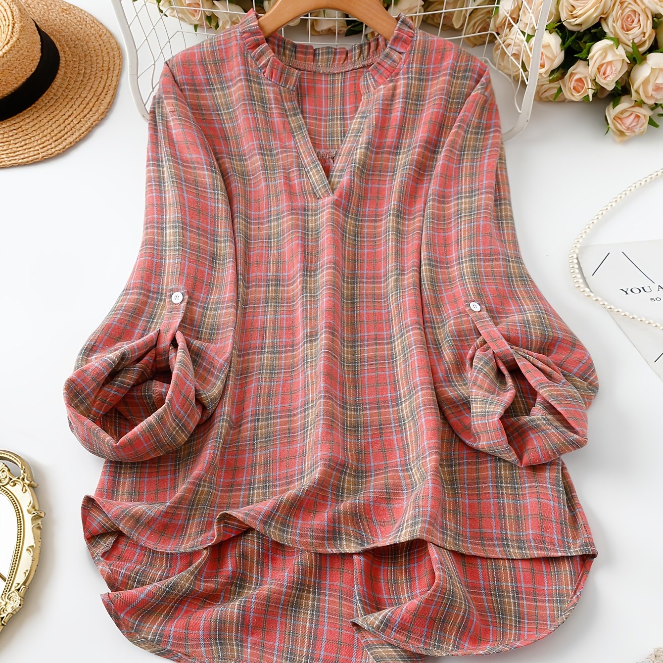 E-shop Plus Size - Plus Size - Plus Size kariertes Hemd mit verstellbaren Manschetten für Damen, elegantes Langarm-Top, neue Frühlings- und
