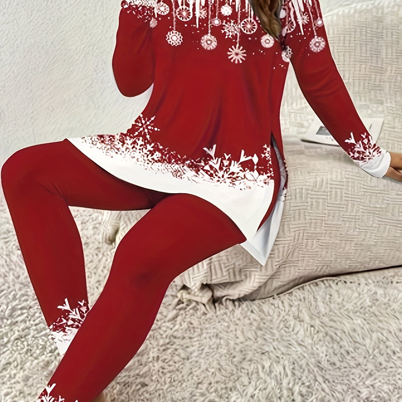 TEMU Women's Long-sleeved Round Neck Top With Side Slit And Fitted Trousers Set, Red . Romantic Winter Theme Outfit Featuring Sparkling Snowflake