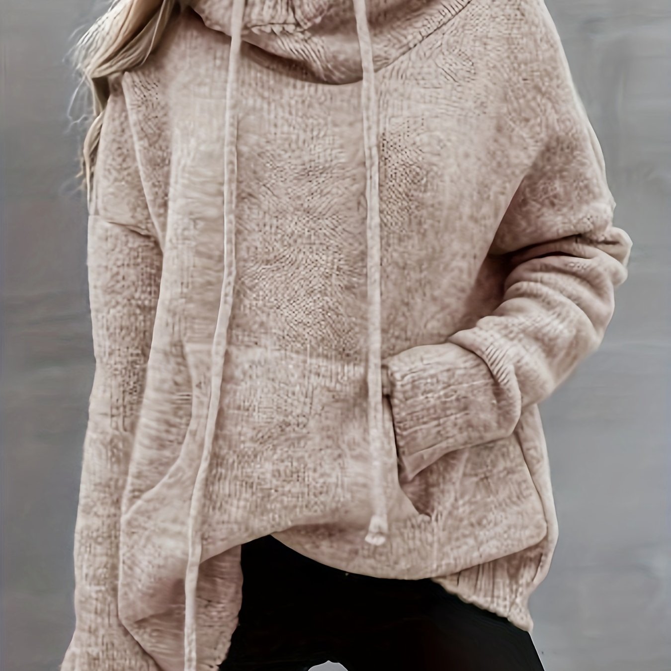 Plus Size - Plus Size - Plus Size Solid Color Drawstring Pocket Irregular Neck Casual Sweater