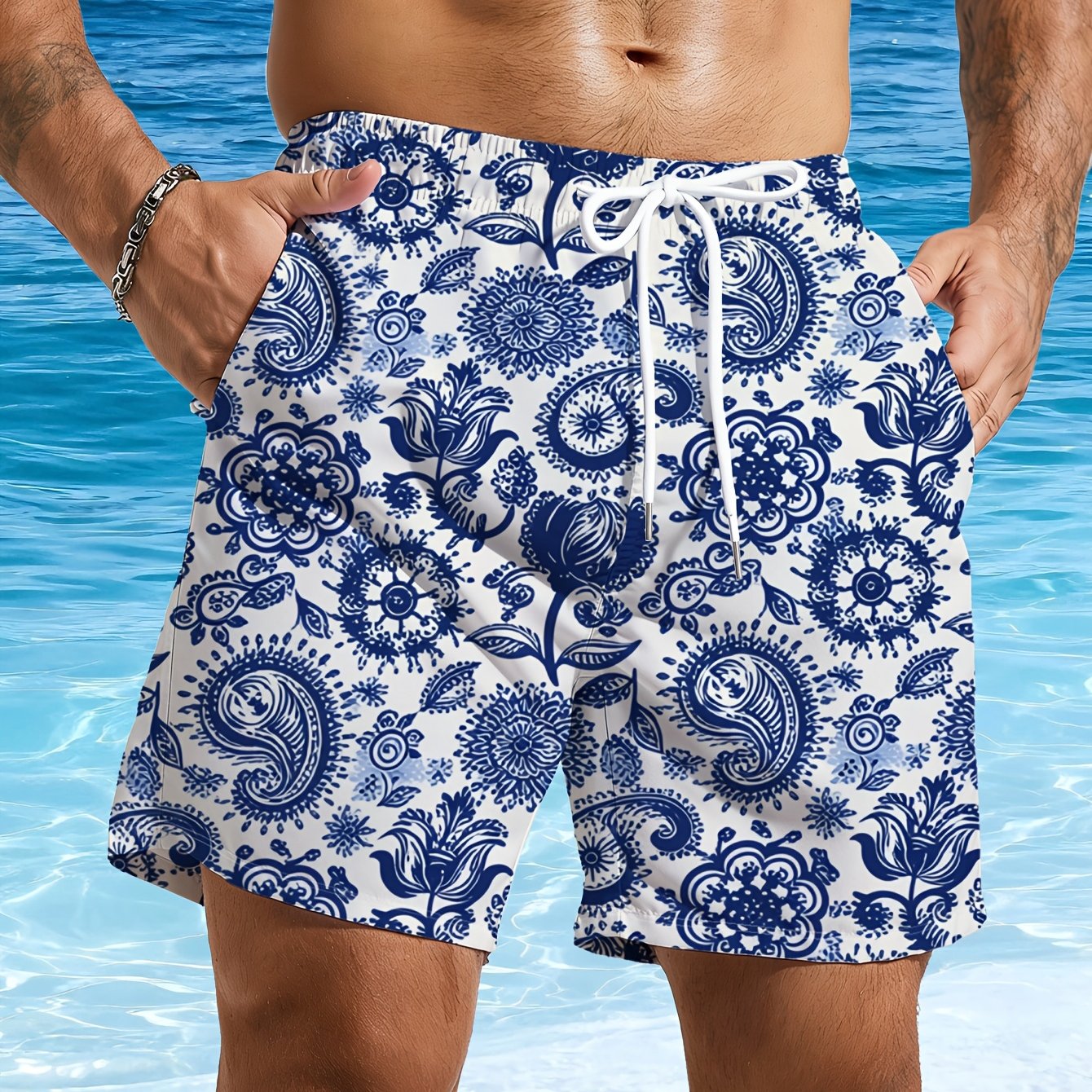 TEMU Men's Beach Shorts, Single Pair, Beach Vacation Pool Surfing, Paisley Floral , Casual , Summer, Loose Fit, Elastic Waist Drawstring Lightweight