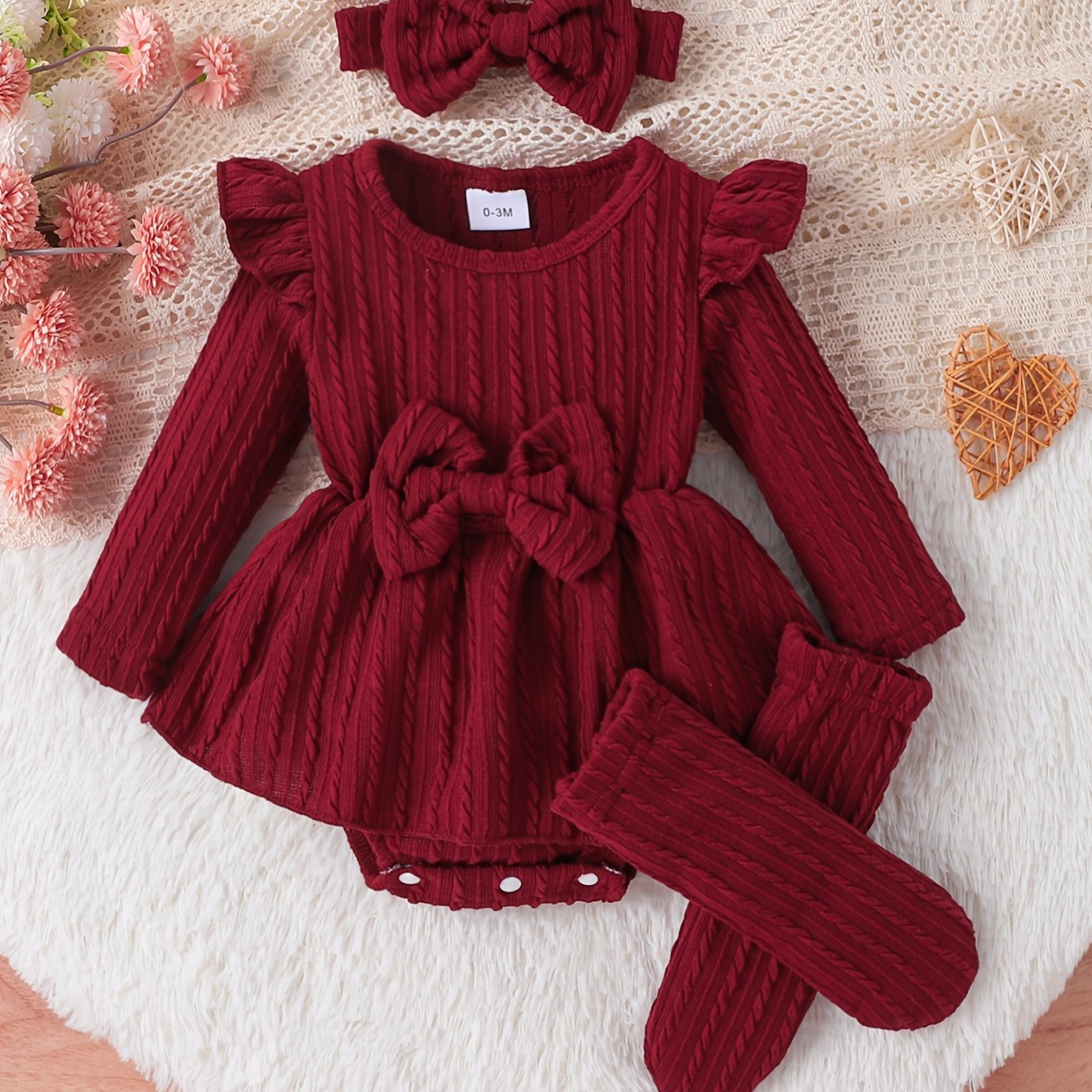P100992 Girls' Solid Color Ribbed Long-sleeved Triangle Dress With Socks, Headband Three-piece Set, For Outdoor