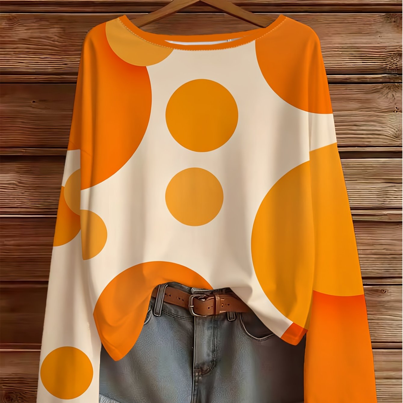 TEMU Plus Size Women's Elegant Style Long Sleeve, Abstract Large Polka Dot Print Round Neck Suitable For Spring Summer, Fashionable Vacation Casual