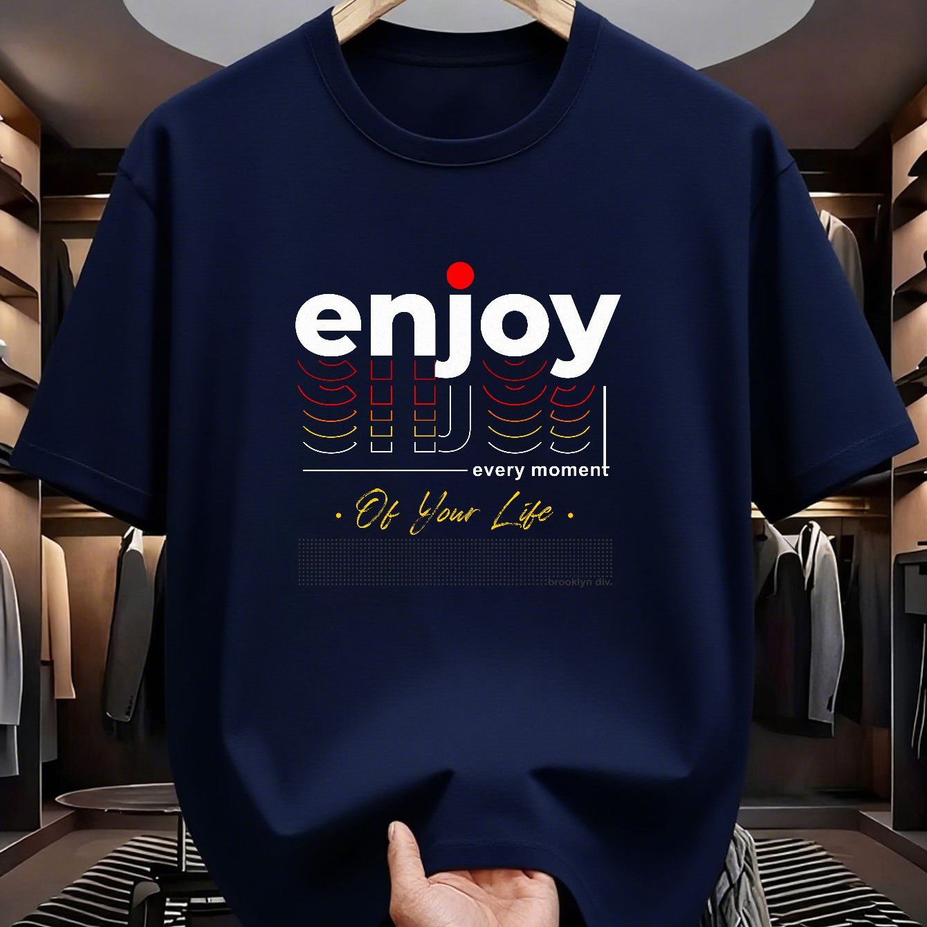 TEMU "" Tee | Large Front Print | Red Dot Accents | Colorful Wave Pattern | Yellow Script Text | Unique Layout |