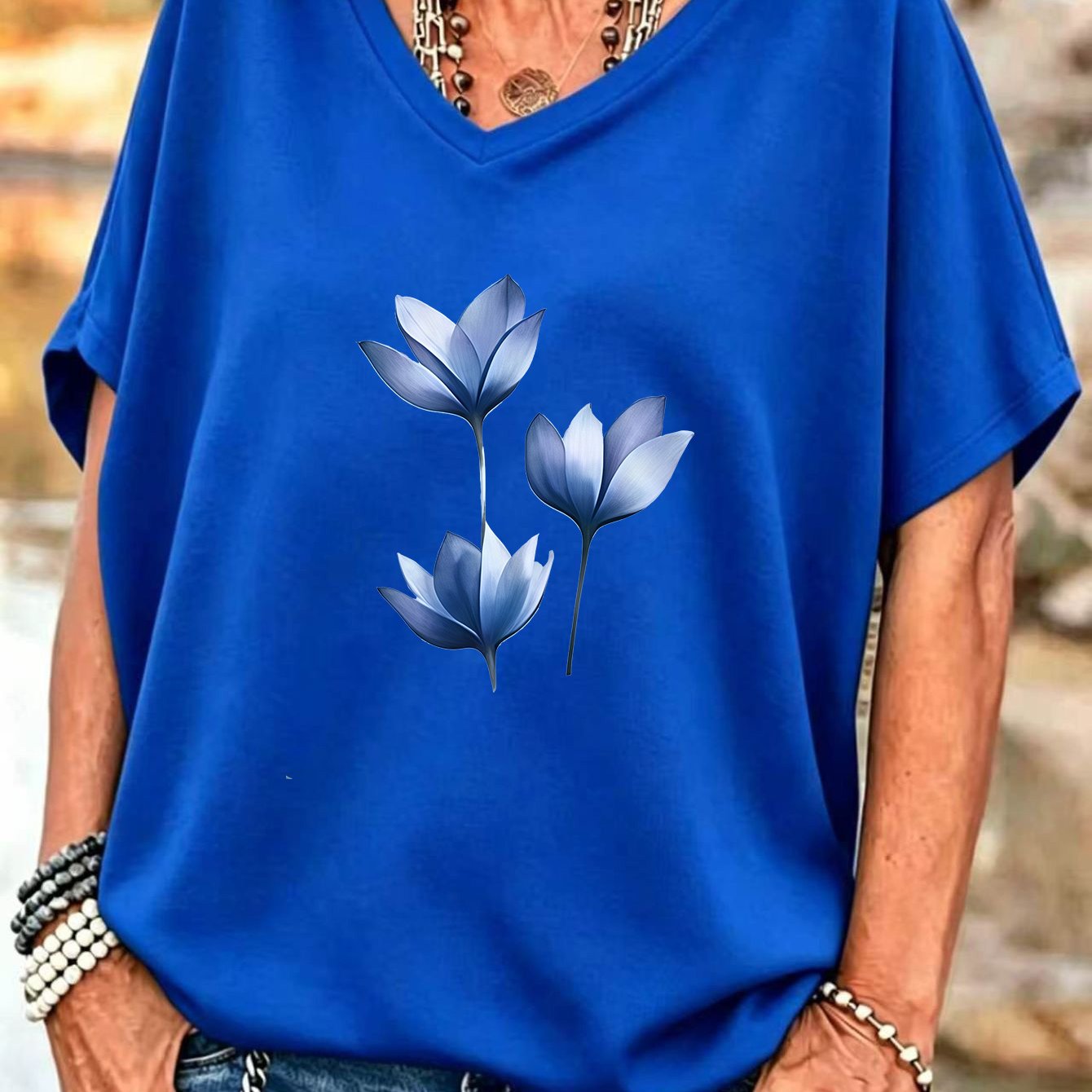 TEMU Plus Size Women's Clothing - 1xl-8xl Women's Casual Top, V-neck Batwing Sleeve Design With Floral Print, Loose Fit, . Made Of Medium-stretch