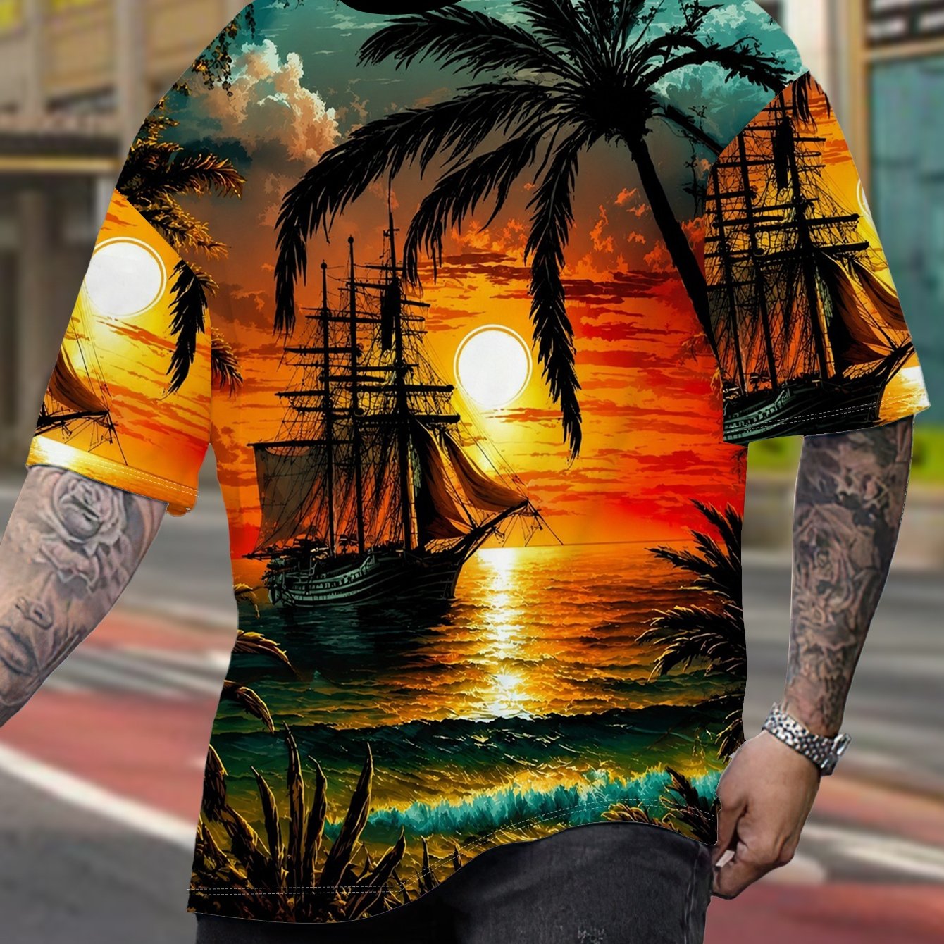 TEMU Men's Plus Size Printed Short Sleeve T-shirt Loose Fit Breathable Summer Fashion Nautical Sunset Pattern Round Neck Casual Top 1xl-9xl Women's