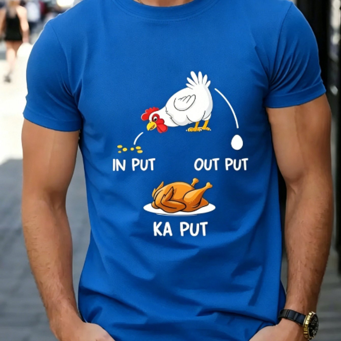 TEMU Men's Fun Chicken Bone Print T-shirt "input/output/ka Put" Humorous Chicken Short Sleeve, Breathable Casual All-match Short Sleeve Tee
