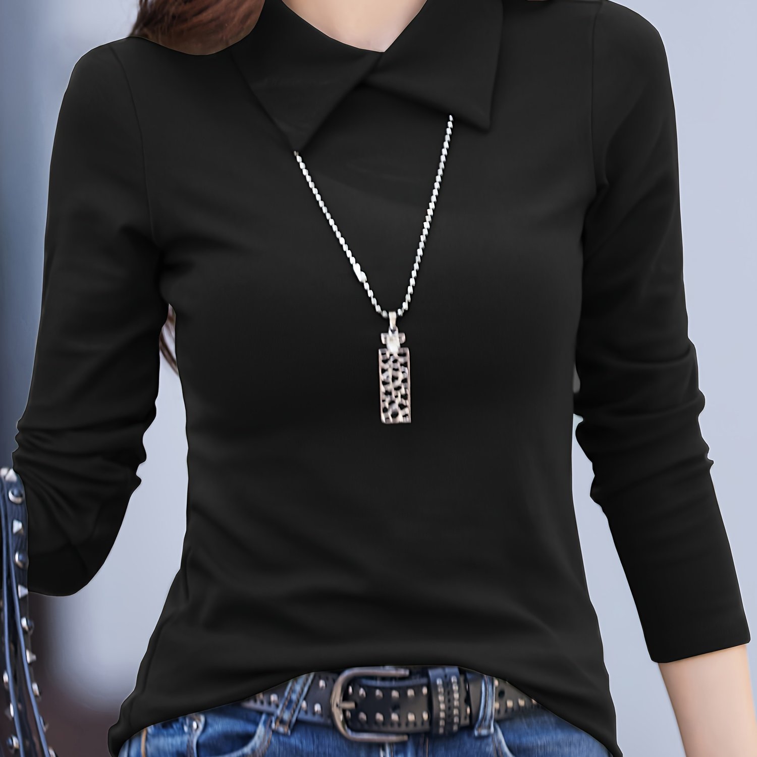 Solid Lapel Collar Cotton T shirt Long Sleeve Slim Elegant - Temu