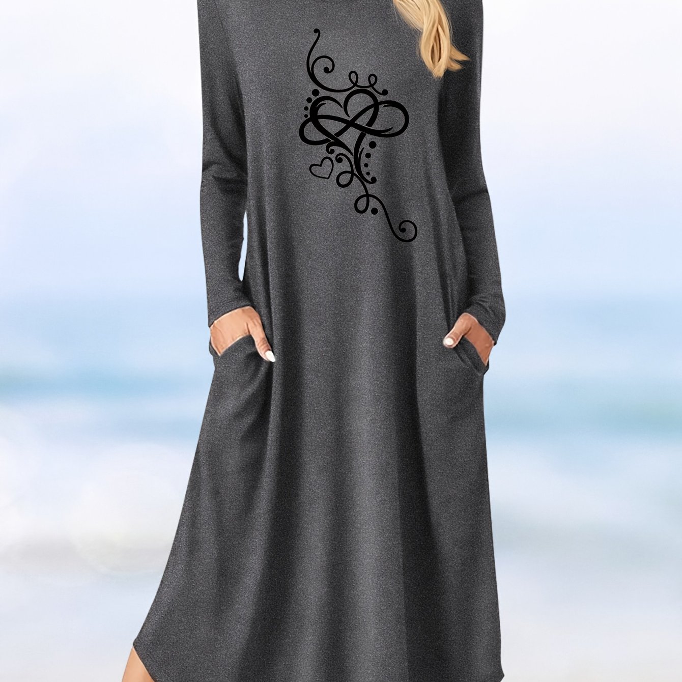 TEMU Long-sleeved Dress With A Heart Pattern Print
