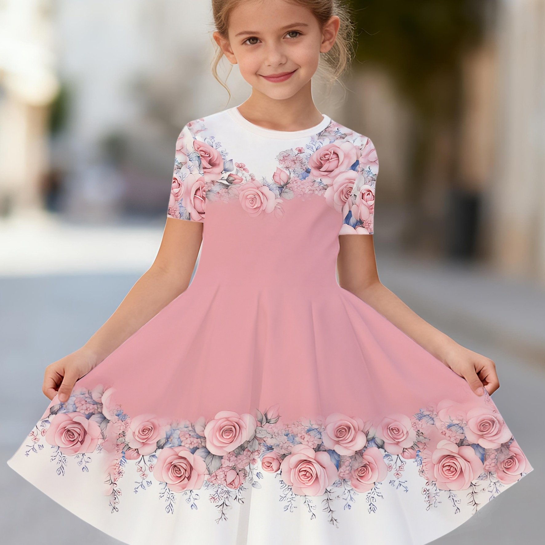 TEMU Girl's Dress With A Large Hem| 3d Print| Casual Short-sleeved Dress| Summer Clothing| Machine Washable| Comfortable And Stylish, Suitable For