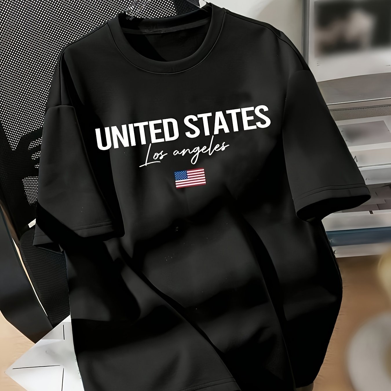 TEMU United States Los Angeles Letter Print T-shirt - Casual Polyester Knit Fabric, Round Neck, , Regular Fit