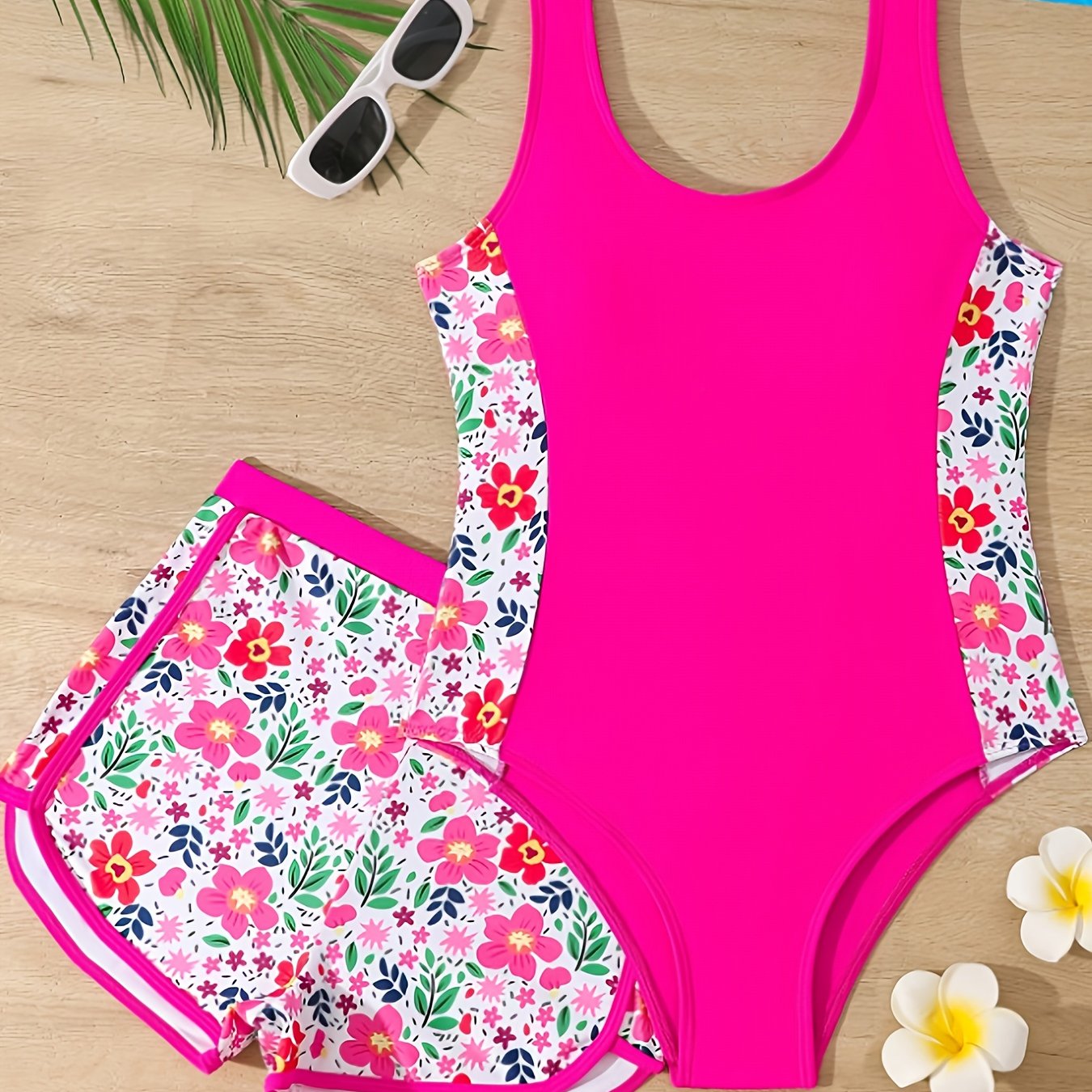 TEMU Summer Beach Vacation Floral Print 1pc Swimsuit   Tropical Print Briefs Swimwear 2pcs Set