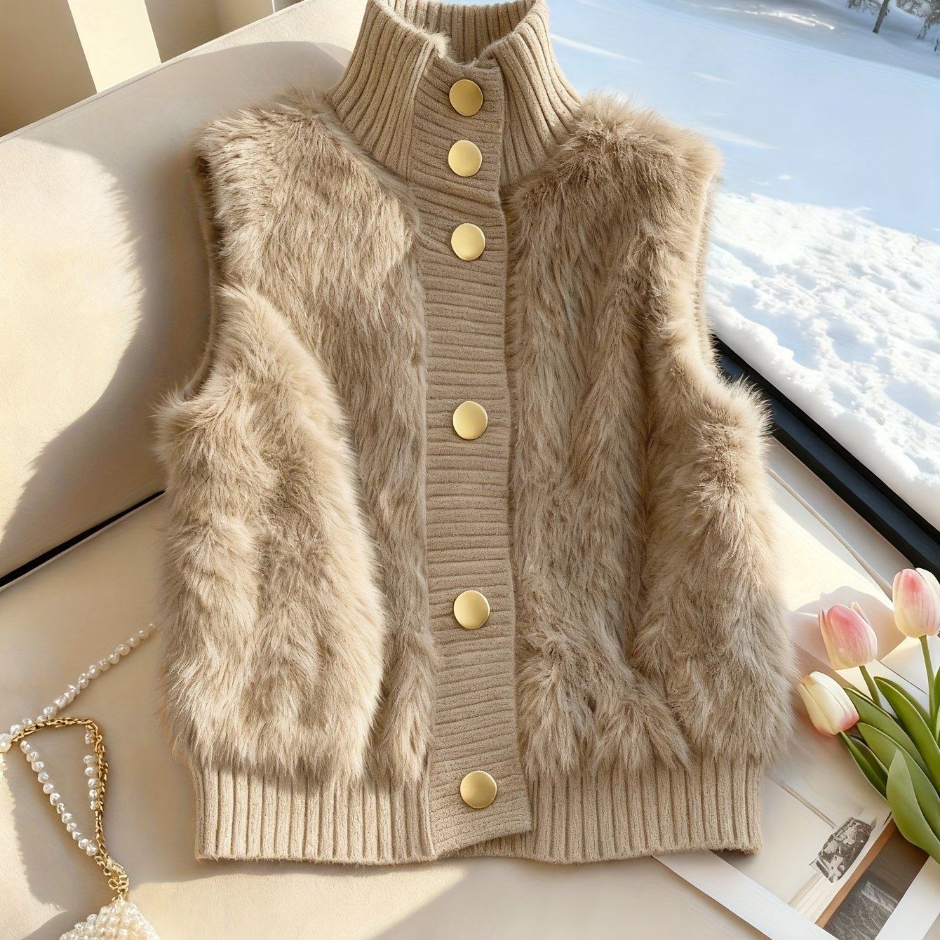 E-shop Kardigan mit Stehkragen aus Seehundfelloptik, -Stil Offener Vorderteil, Modischer Eleganter Layered Schal, Herbst Winter Top
