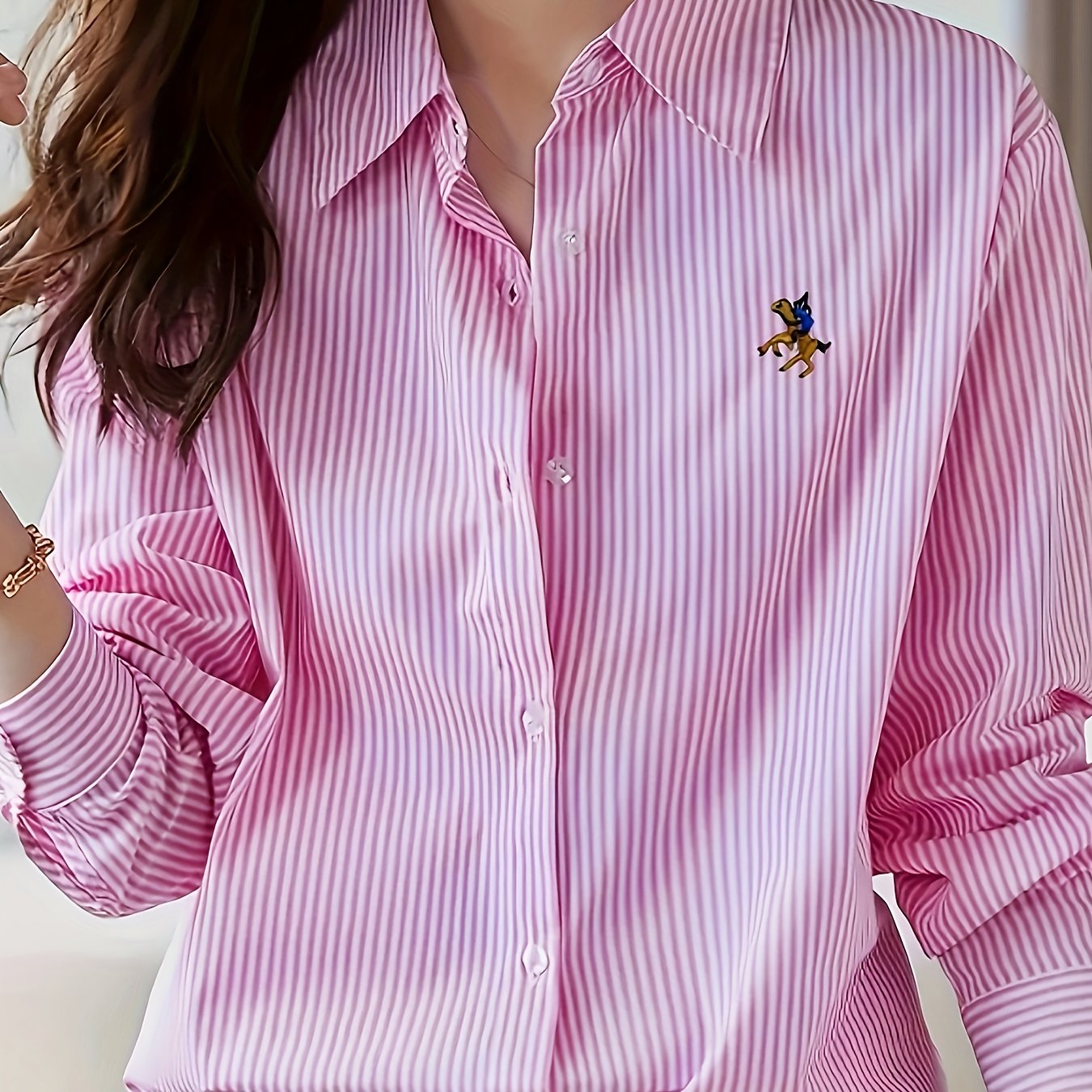 TEMU Women's Casual Striped Polyester Blouse - 100% Polyester Long Sleeve Shirt With Lapel Collar, Button , Woven Fabric, Spring/fall Collection