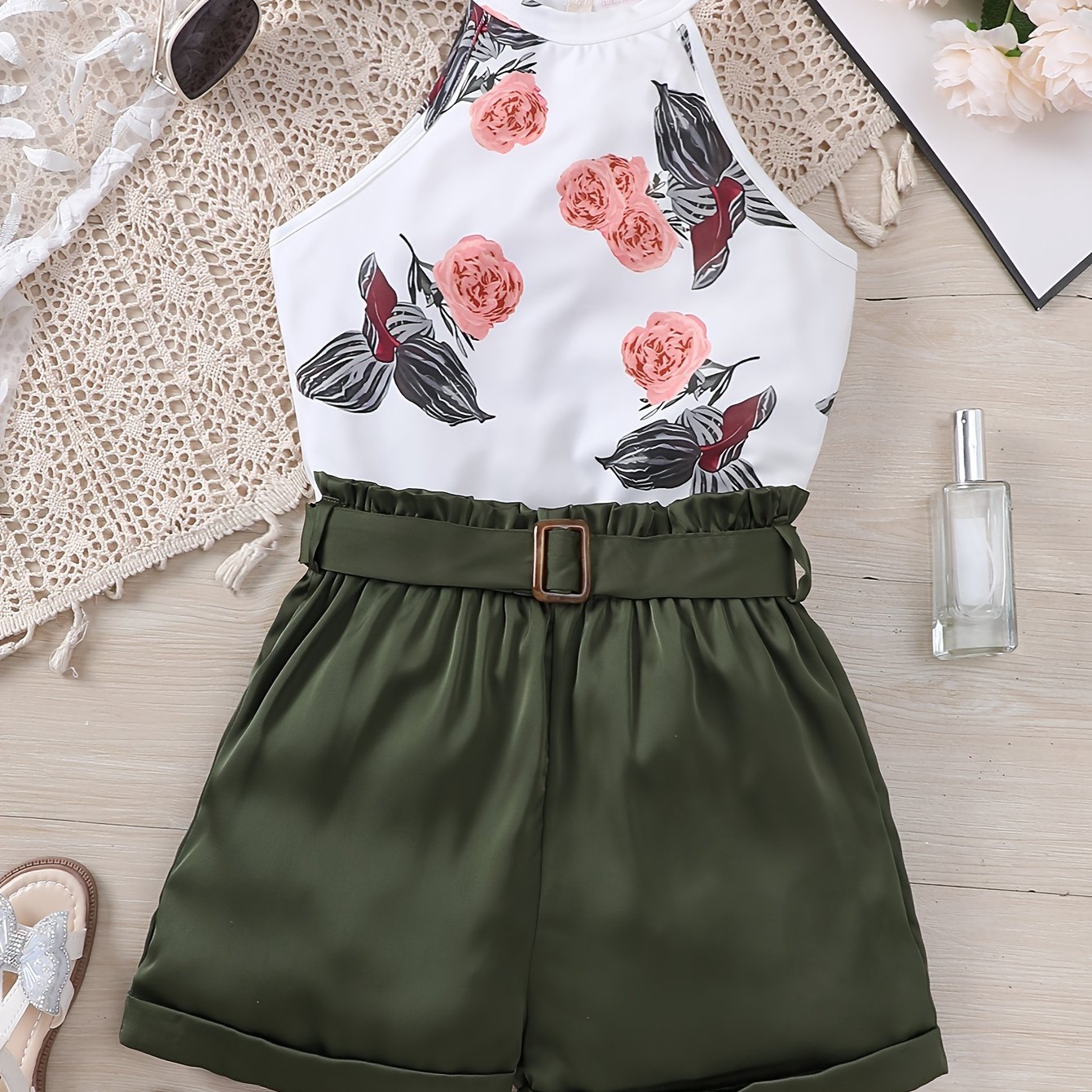Image of Girls' Summer New Floral Print Halter Top + Shorts Two-piece Casual Set, Perfect For Outdoor,christmas,halloween