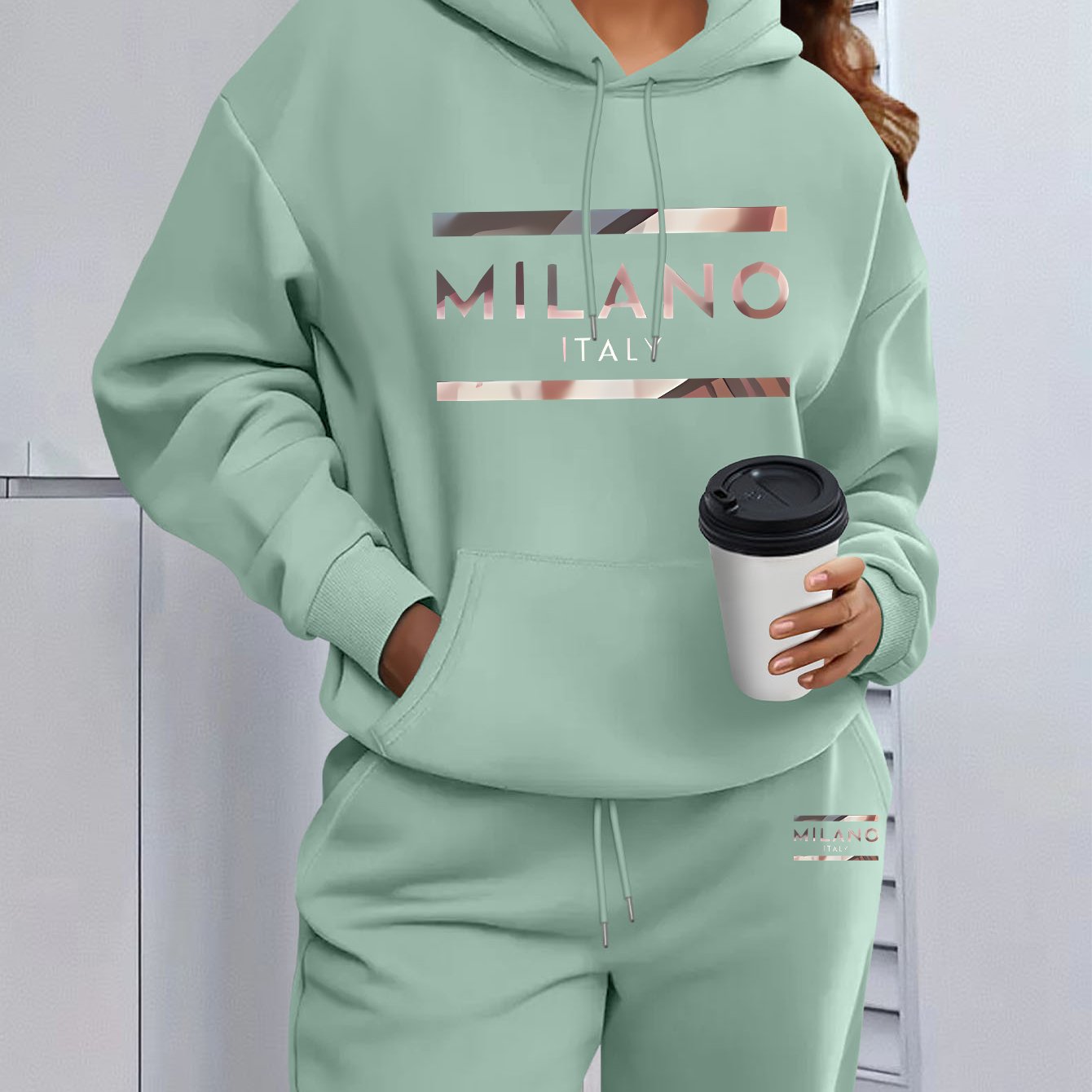 TEMU Hooded Sweatshirt And Sweatpants Set With Nude- Texture And Letter Decorative Print - Comfortable, Stretchy Fabric, Suitable For Casual Wear