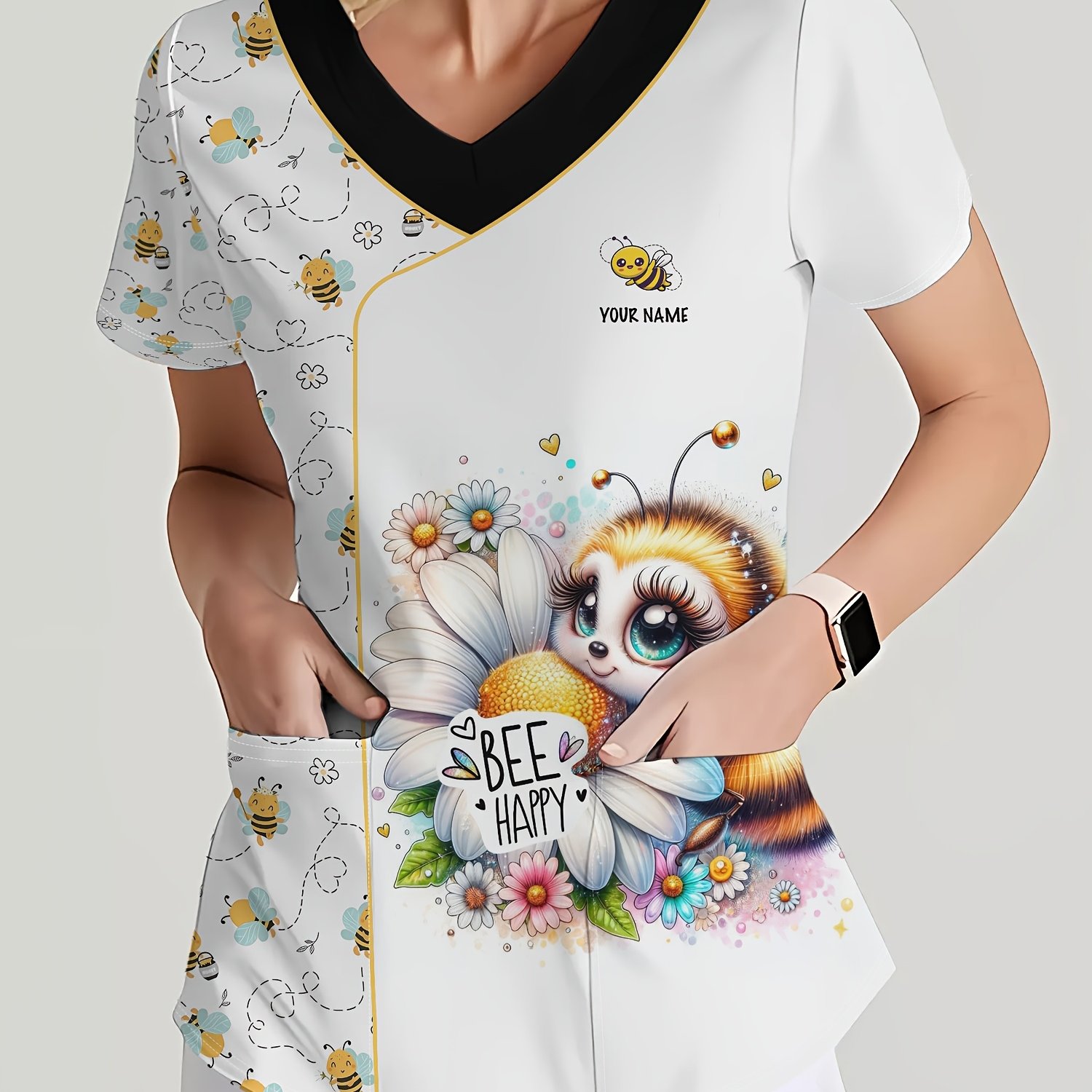 TEMU Custom Name Anime Cartoon Bee Nurse Uniform, Fashionable Women's T-shirt, Nurse Workwear, Dentist Print Pocket Short Sleeve V-neck Top,