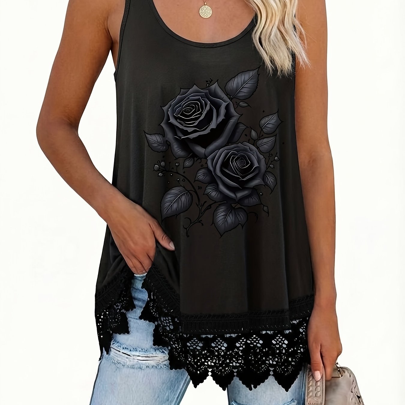 TEMU Plus Size, Plus Size Lace Trim Women's Round Neck Tank Top, Figure-flattering And, Top