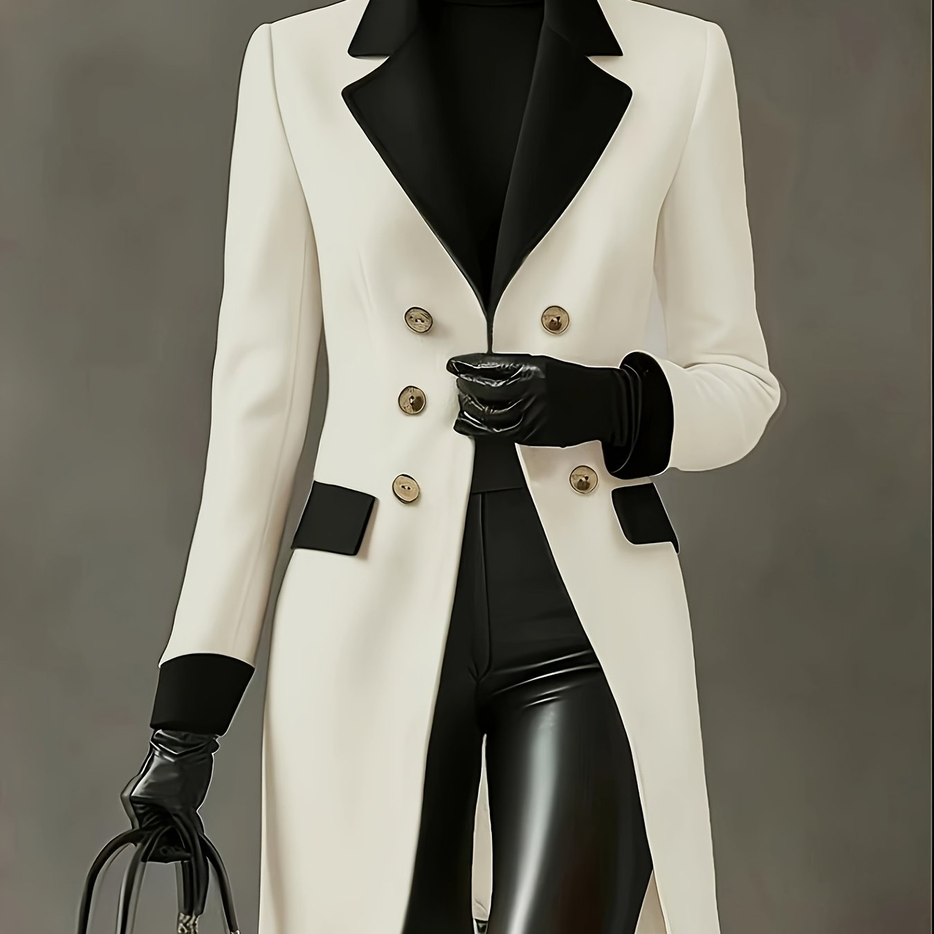 TEMU Women's Black And White Contrast Color Suit-style Collar Mid-length Waist-cinching Double-breasted Decorative Button Tweed, Autumn/winter