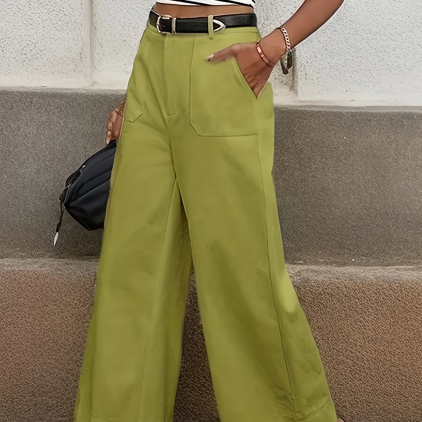 TEMU Women's Elegant High-waisted Wide-leg Pants - Solid Color With Pockets, Machine Washable Non-stretch Trousers For Spring/summer Casual & Office