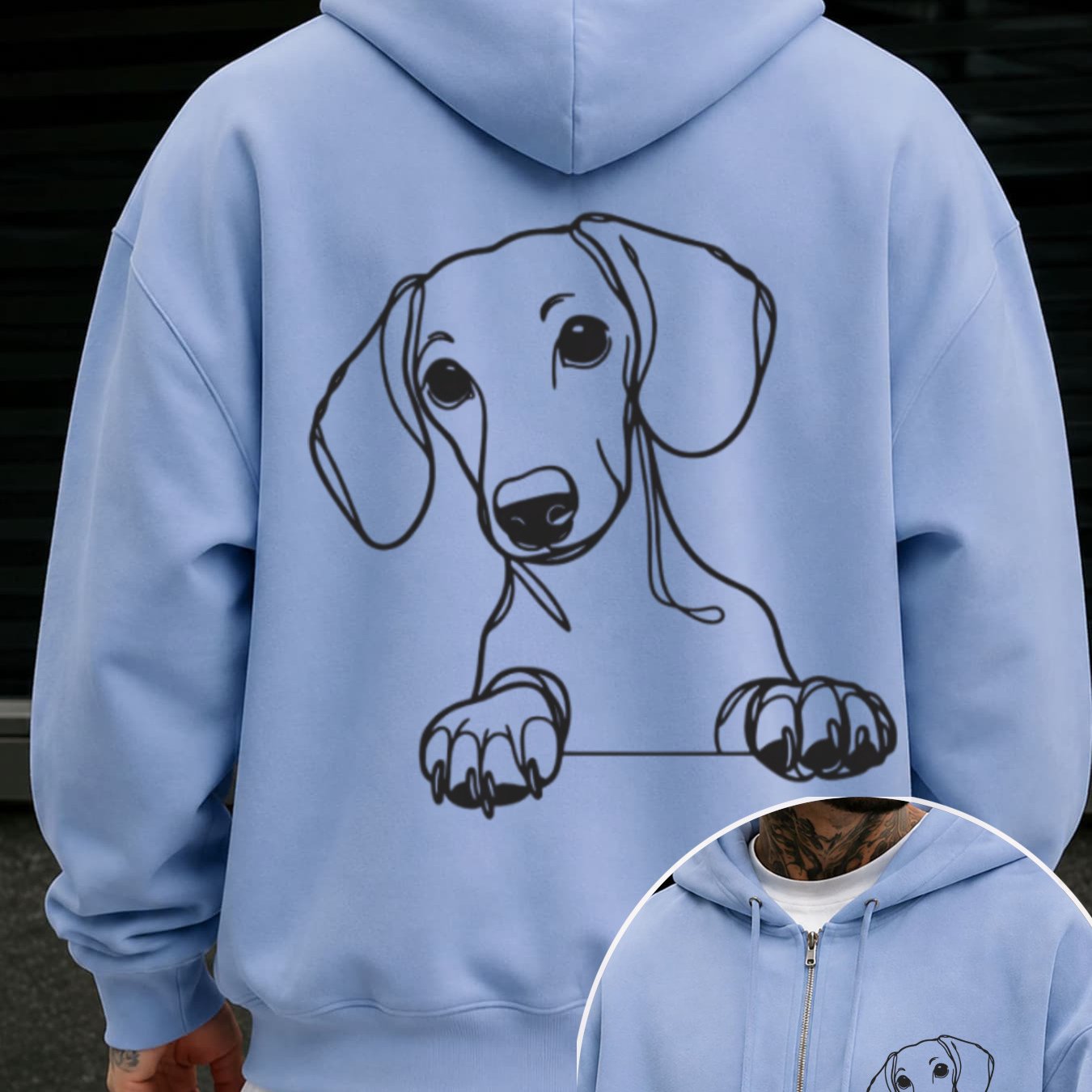 Image of Winter Hoodie For Men Cartoon Dog Print Loose Fit Warm Casual Pullover Street Style Zip Pocket