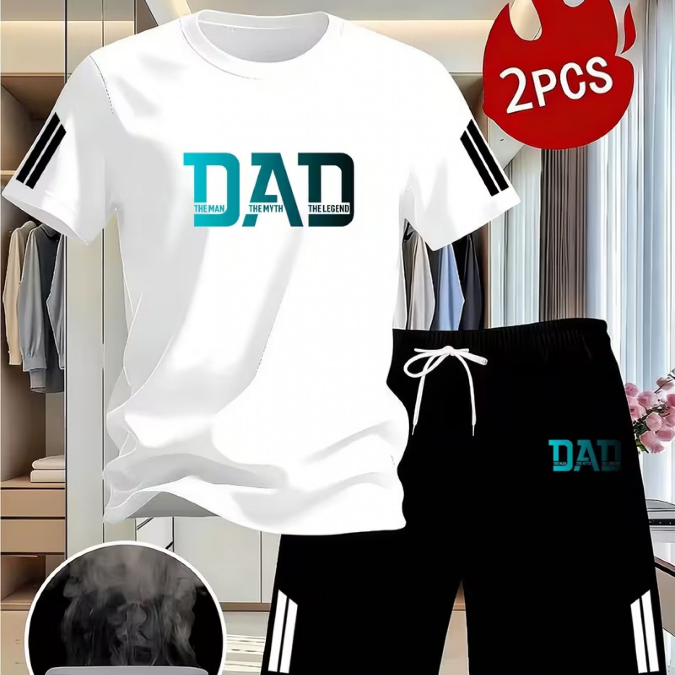 TEMU Men's 2026 Short Sleeve Shorts Set, Dad Style Father's Day Gift, Lightweight And Breathable Polyester Fiber Mesh Fabric, Dad Print Crew Neck