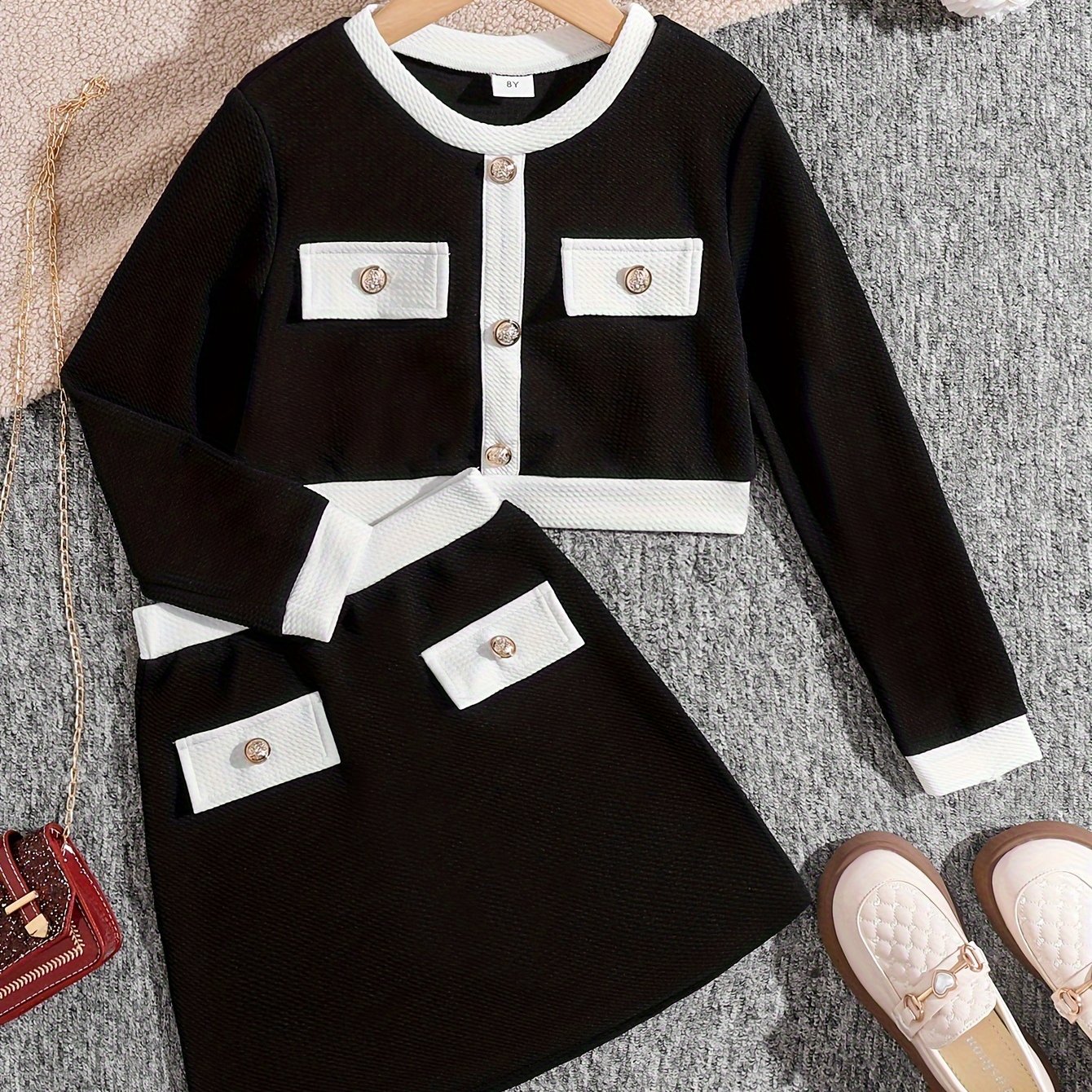 Image of Niche French Black And White Contrast Round Neck Short Cardigan Dress Designer Style Autumn Temperament Short Jacket And Short Skirt Knit Two-piece Set