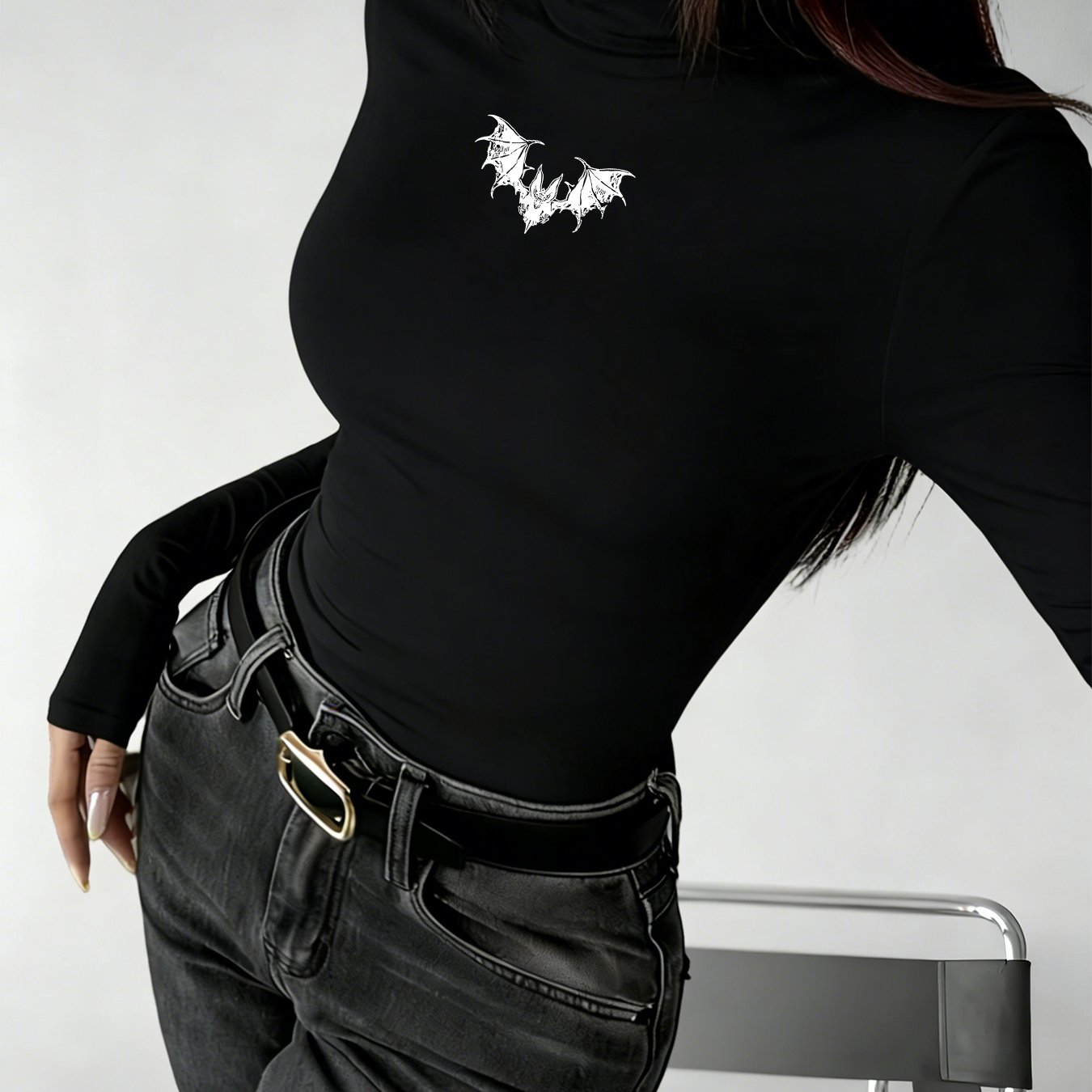 TEMU Solid Color Semi-high Neck Tight Long Sleeve Top Women's Dark Print Gothic Hot Autumn Winter Inner Wear Shirt