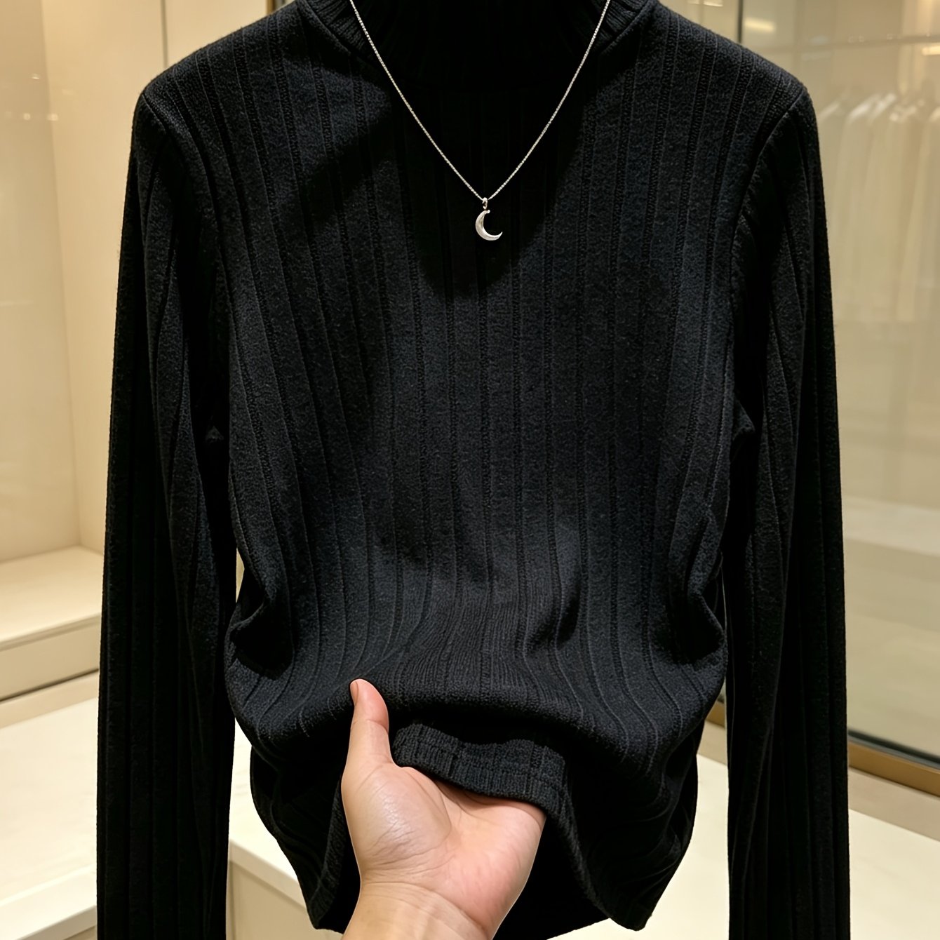 Image of Fashion Ribbed Solid Color High Neck Long Sleeve Pullover Base Layer Top (composition: 95% Polyester, 5% Spandex)