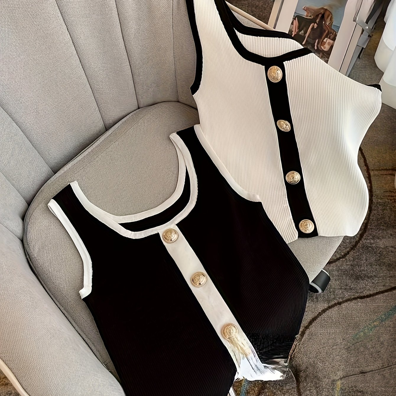 2pcs Set Of Knit Black And White Contrast Metallic Sleeveless Top Vest, For Teenager, For Teenager