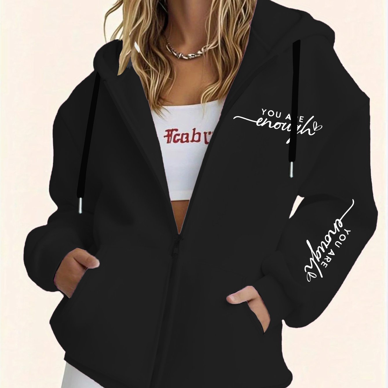 TEMU Plus Size - Women's Plus Size Casual Zip-up Hoodie Featuring A Stylish Design With Letter Prints, Printed Patterns On And Sleeves, Comfortable