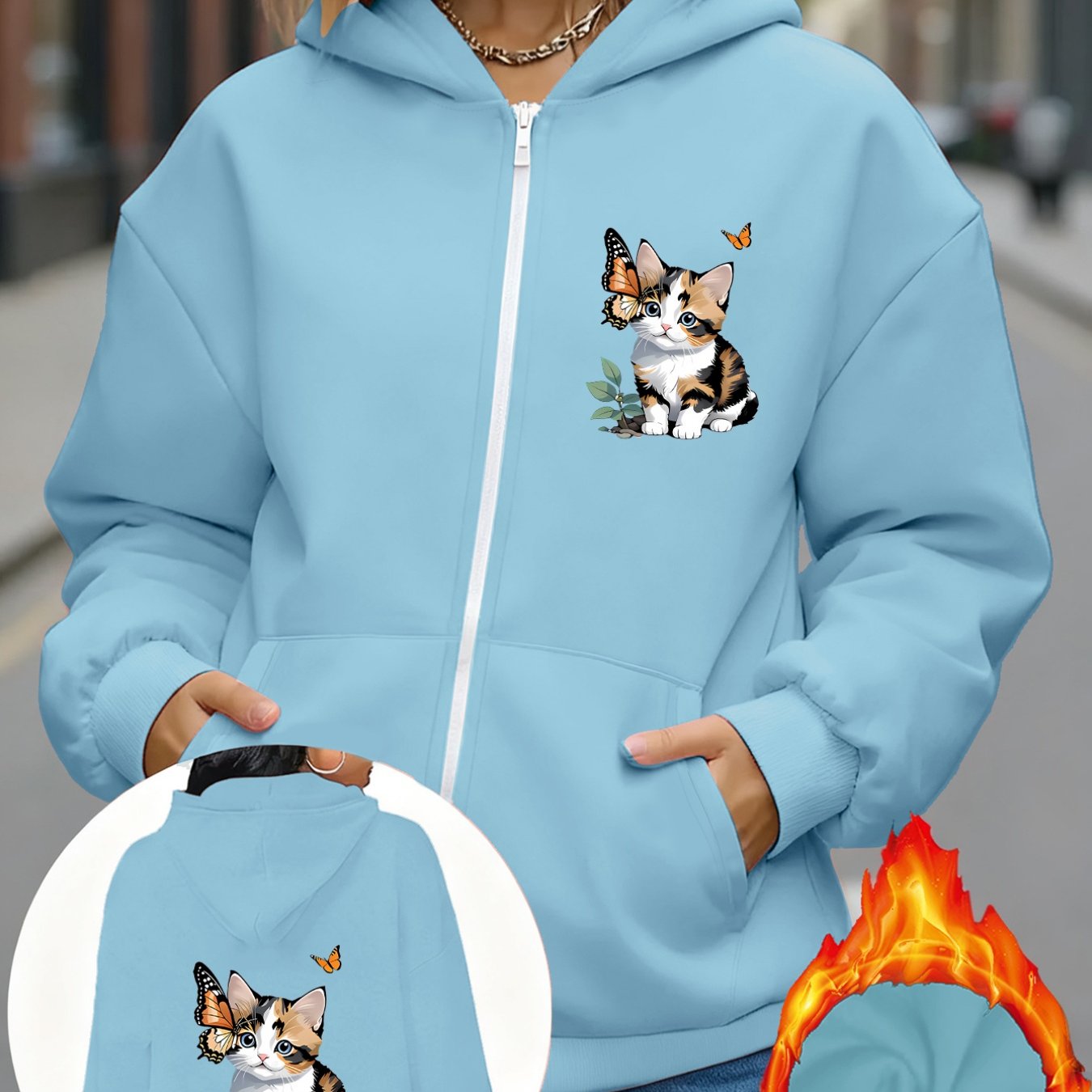 TEMU 1pc Cat Print Hooded Sweatshirt Loose Fit Design Warm Comfortable Fashionable Versatile Print Women's Sportswear Autumn And Winter Hooded Zipper
